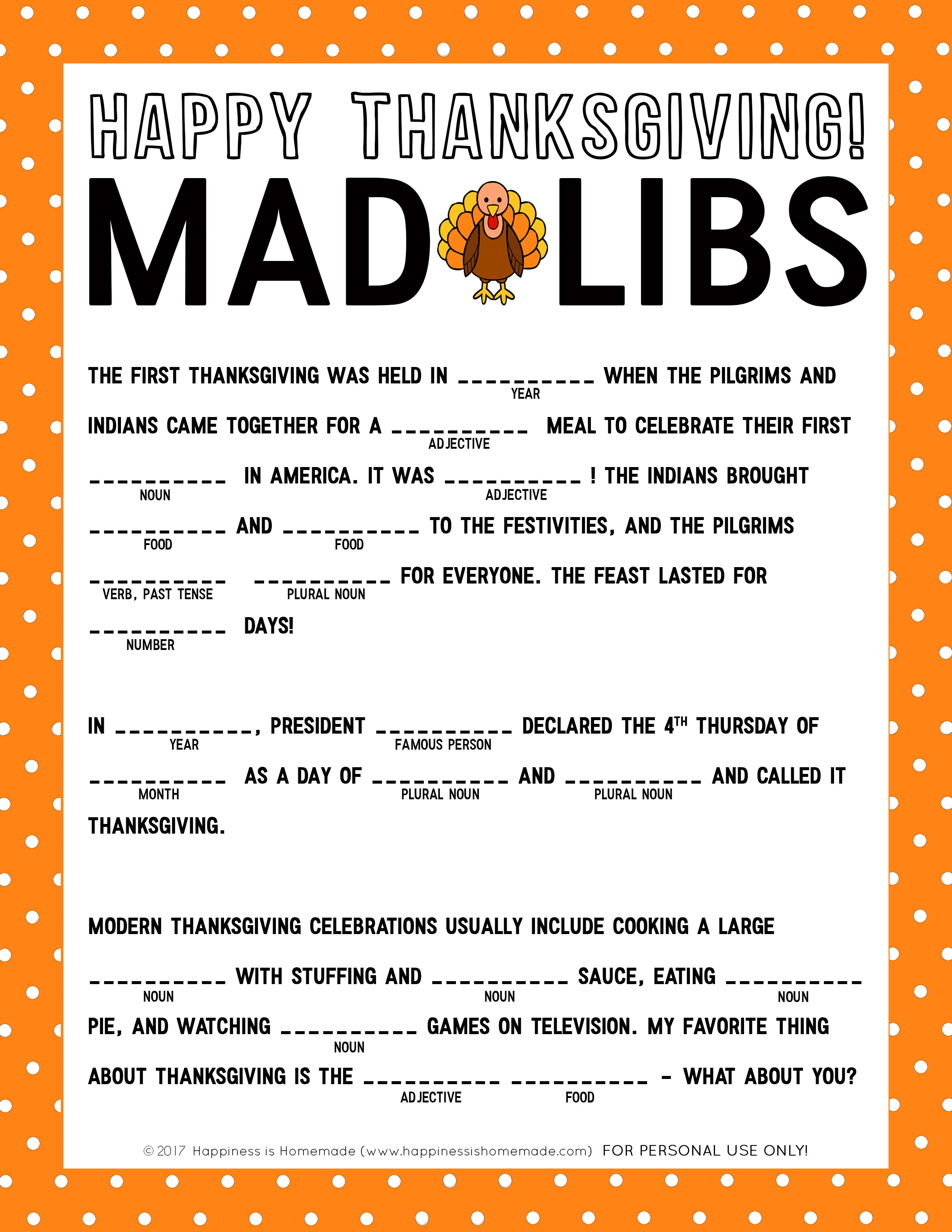 Thanksgiving Mad Libs Printable Game - Happiness Is Homemade - Free Printable Thanksgiving Mad Libs