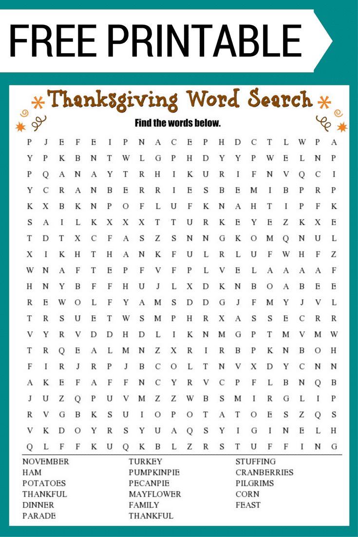 Thanksgiving Word Search Free Printable Worksheet - Free Printable Thanksgiving Worksheets For Middle School