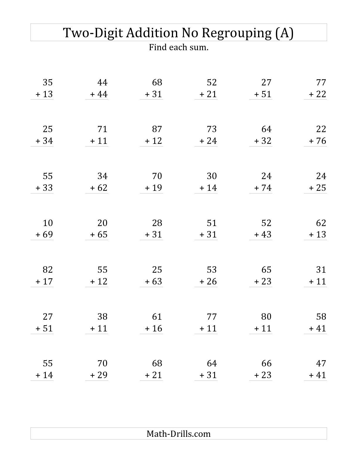 The 2-Digit Addition With No Regrouping (A) Math Worksheet From The - Free Printable Two Digit Addition Worksheets