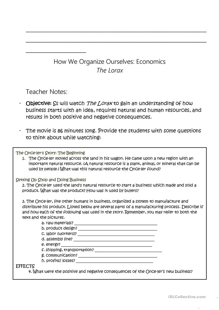 The Lorax - Economic Study Worksheet - Free Esl Printable Worksheets - Free Printable Economics Worksheets