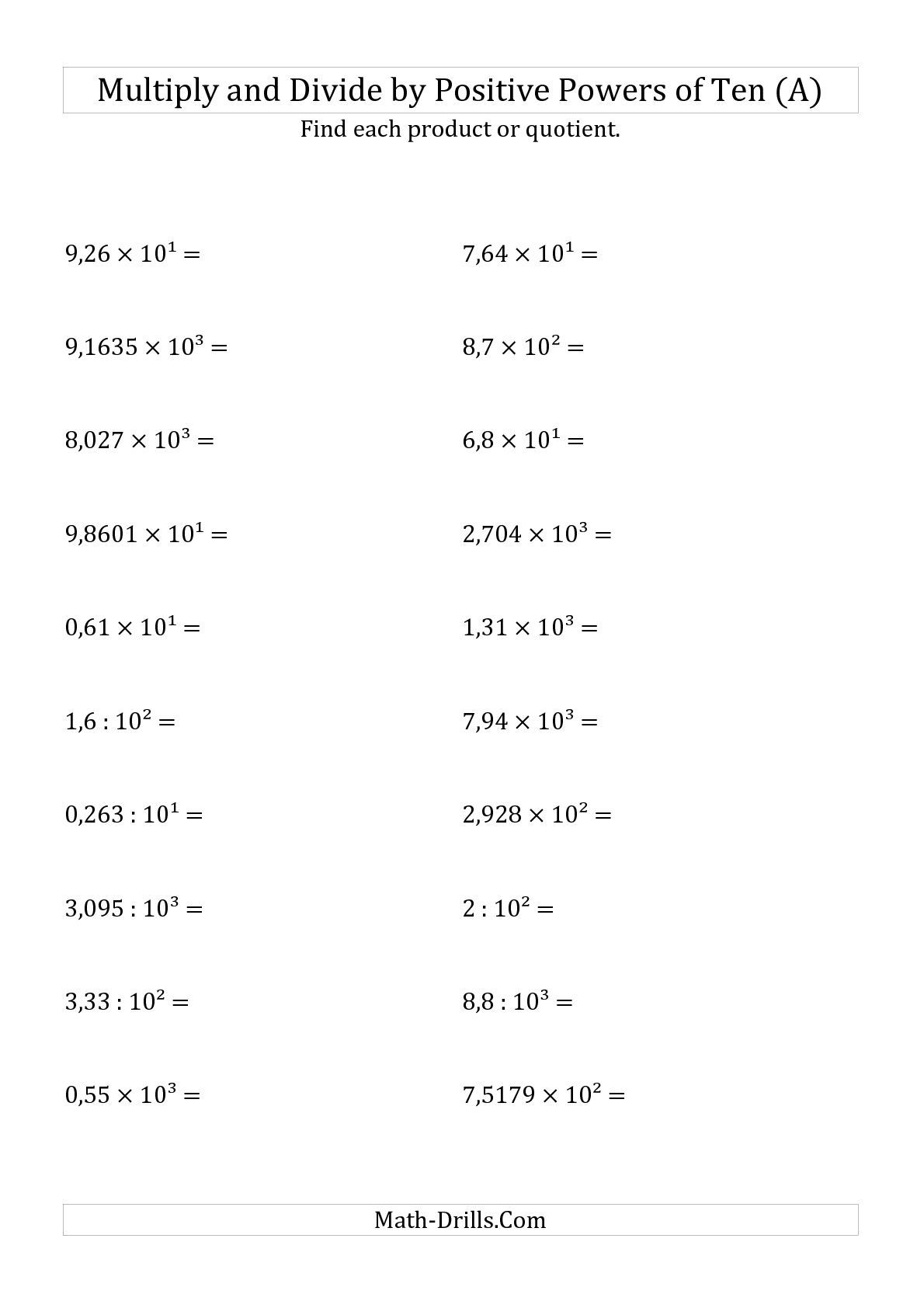 The Multiplying And Dividing Decimalspositive Powers Of Ten - Free Printable Multiplying Decimals Worksheets