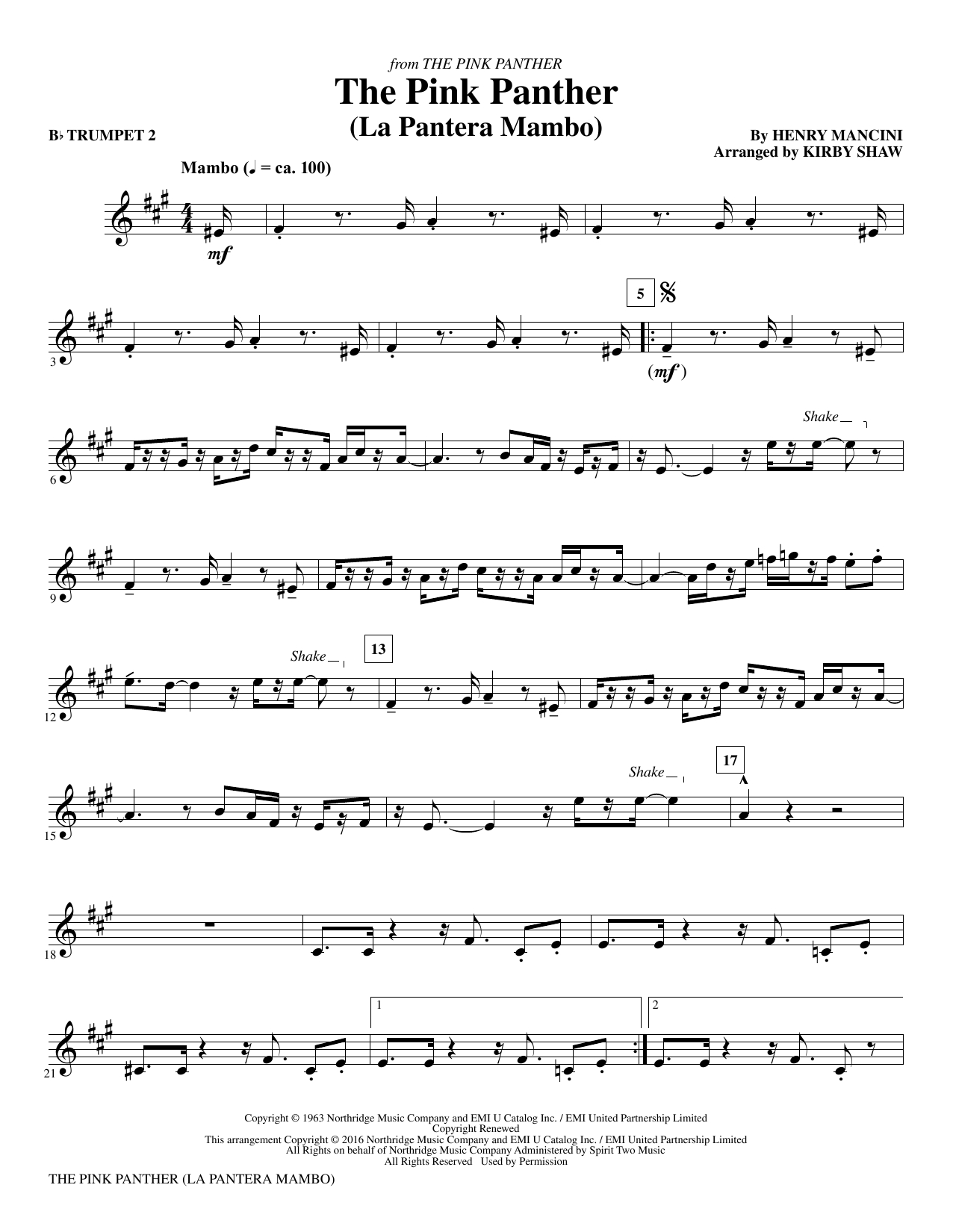 The Pink Panther - Bb Trumpet 2 Sheet Music | Kirby Shaw | Choir - Free Printable Trumpet Sheet Music Pink Panther