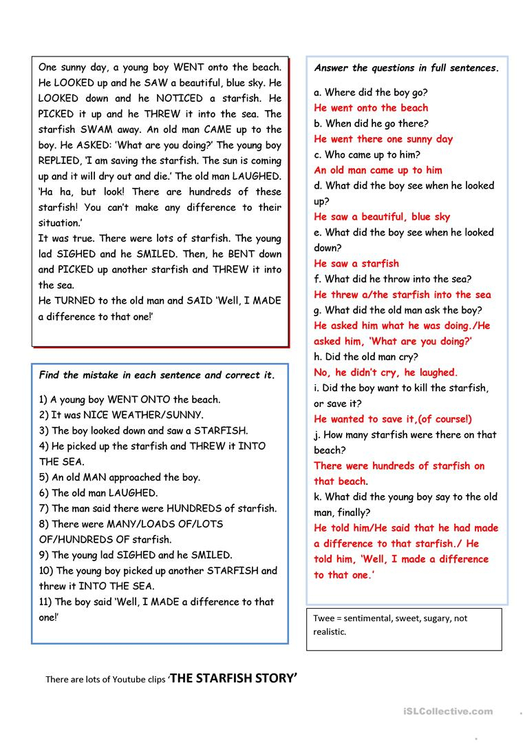 The Starfish Story/you Can Make A Difference! Worksheet - Free Esl - Starfish Story Printable Free