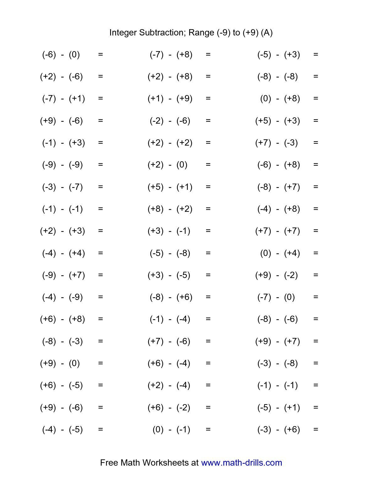 The Subtracting Integers (Range -9 To 9) (A) Integers Worksheet - Free Printable Integer Worksheets Grade 7