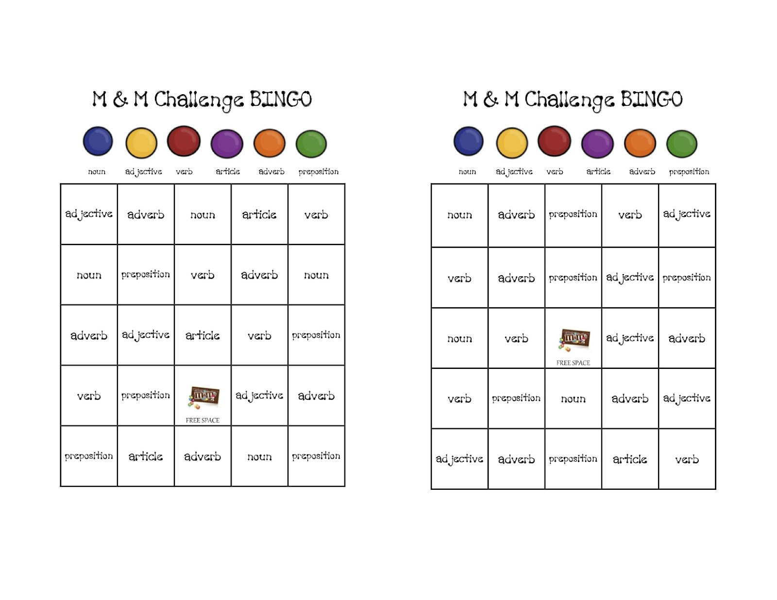 Three Week Fall: M&amp;amp;m Parts Of Speech Bingo - Free Printable Parts Of Speech Bingo