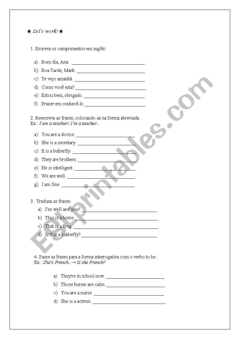 To Be Verb - With Some Exercises In Portuguese - Free Printable Portuguese Worksheets