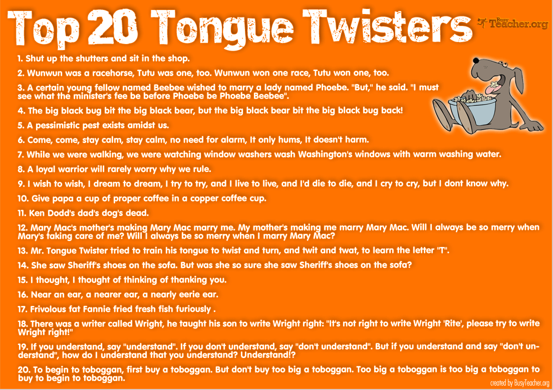 Tongue Twisters – Janet Carr @ - Free Printable Tongue Twisters
