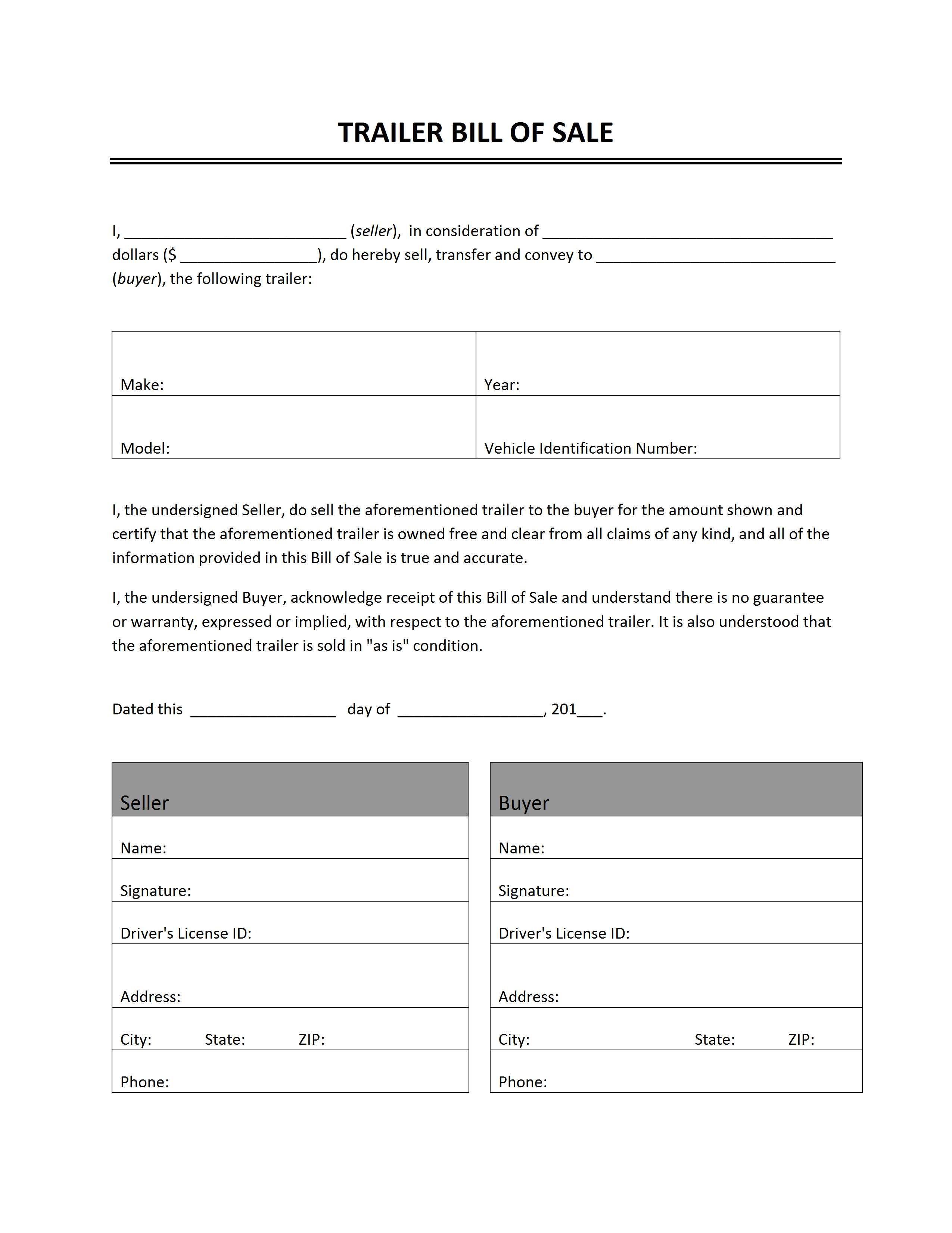 Trailer Bill Of Sale - Free Printable Bill Of Sale For Trailer