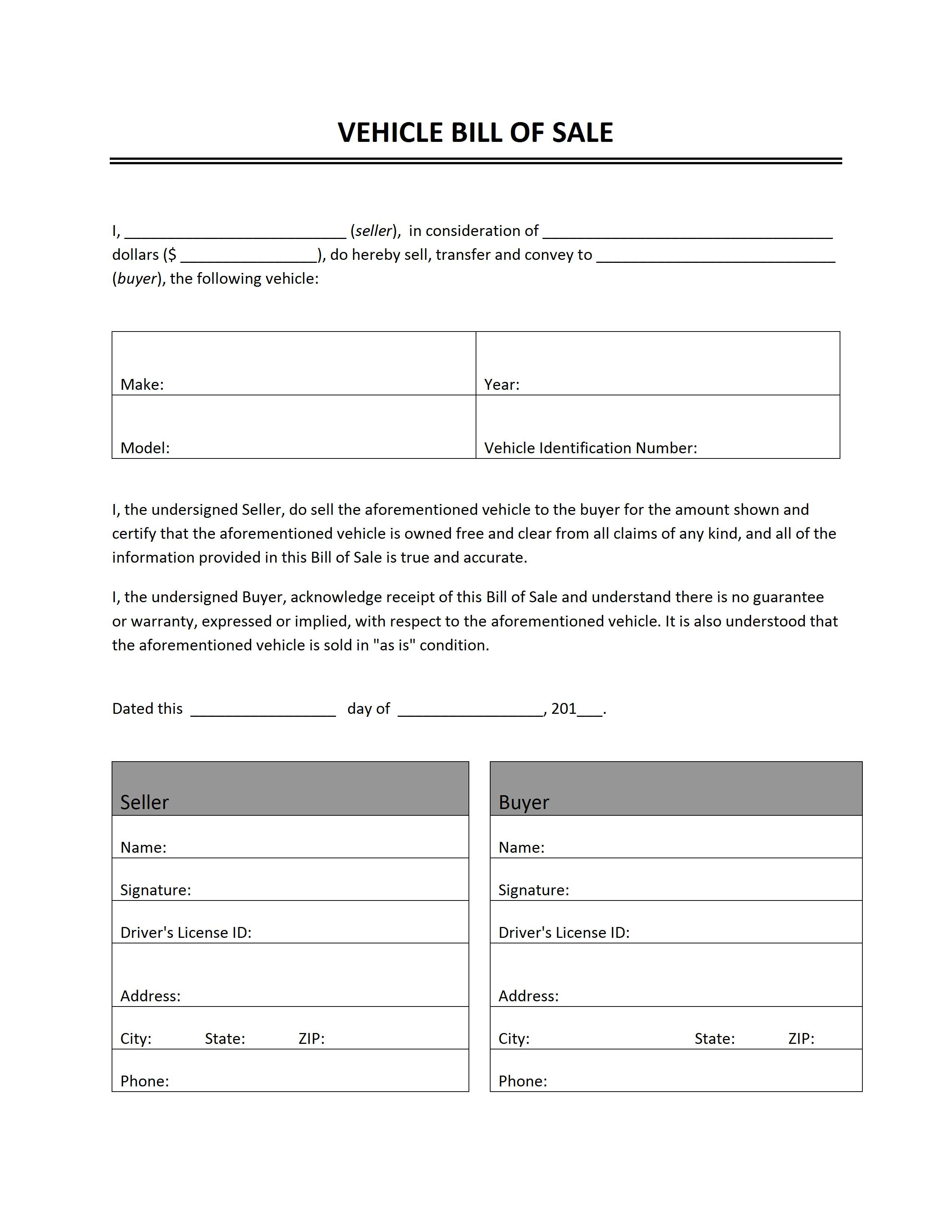 Vehicle Bill Of Sale - Free Printable Blank Auto Bill Of Sale