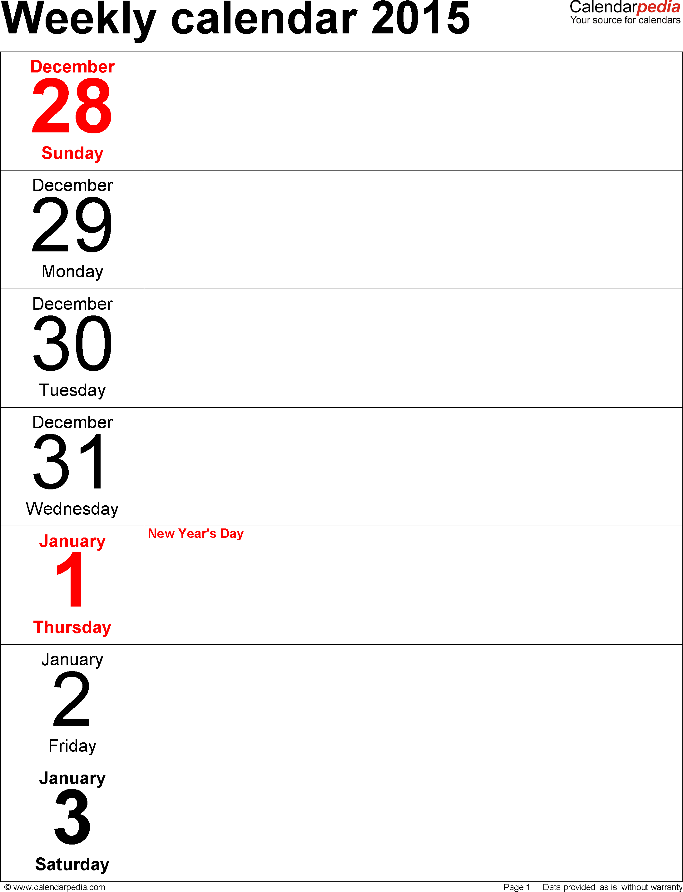 Weekly Calendar 2015 For Pdf - 12 Free Printable Templates - Free Printable Diary 2015