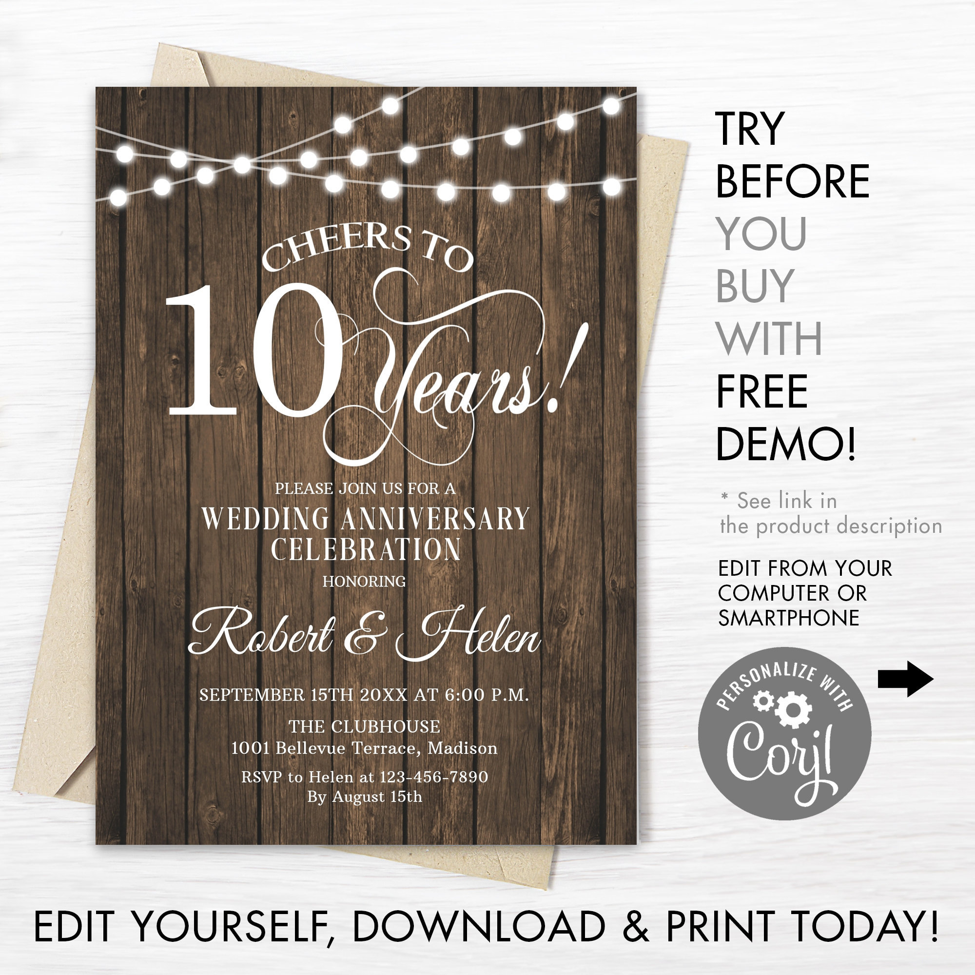 10Th Wedding Anniversary Party Invitation Instant Download - Free Printable 10 Year Anniversary Cards