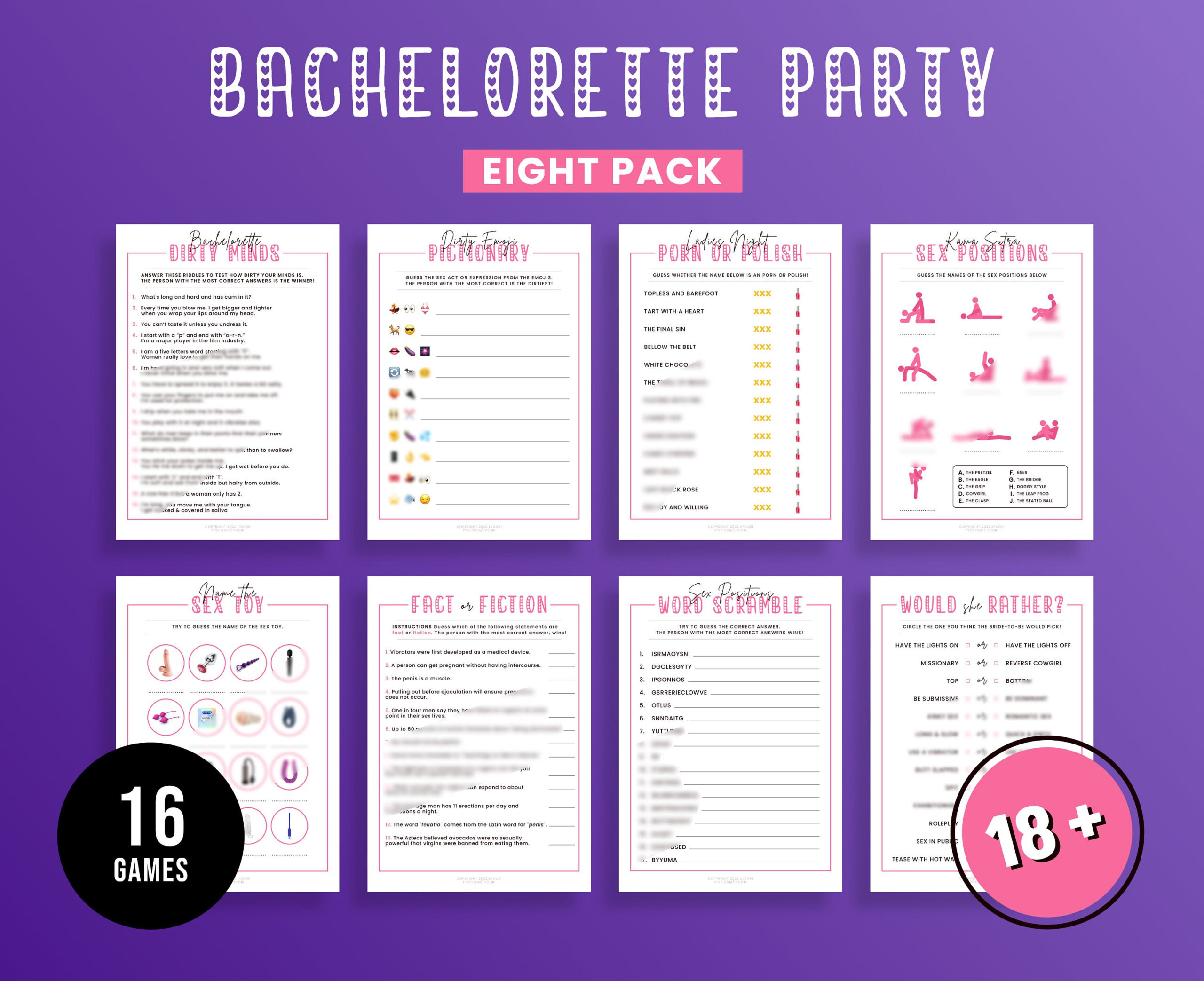 16 In 8 Printable Bachelorette Party Game 8 Pack Naughty Bridal - Free Printable Bachelorette Party Games Ideas