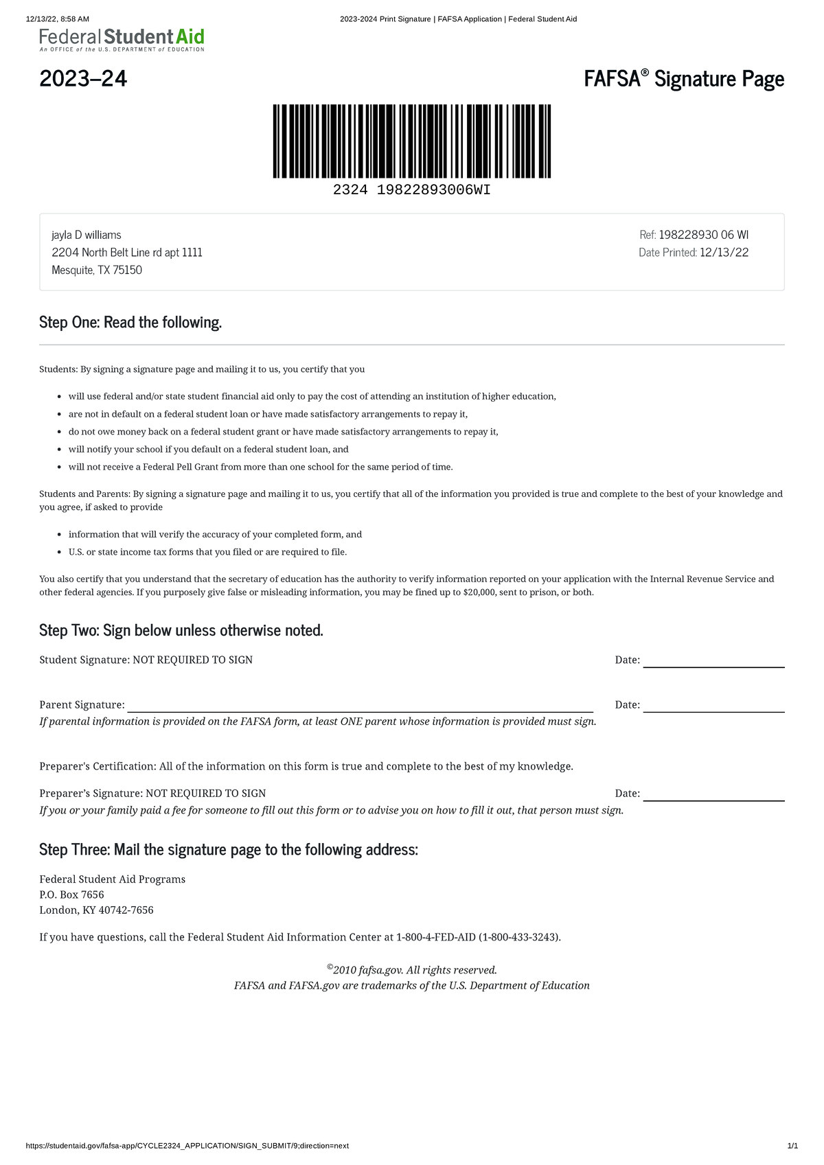 2023-2024 Print Signature Fafsa Application Federal Student Aid - Free Printable Fafsa Form
