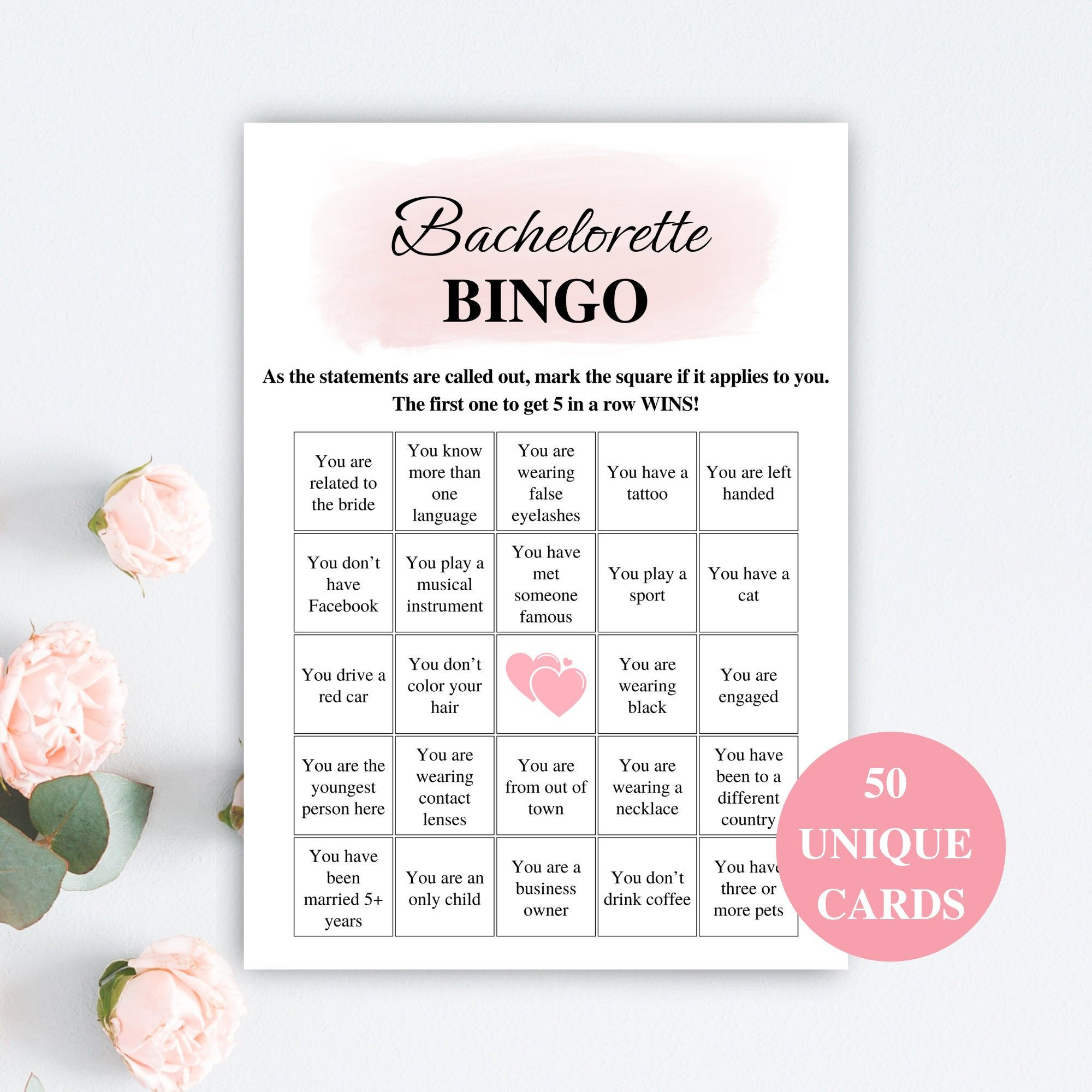 50 Printable Bachelorette Bingo Cards, 5X7 Bachelorette Party - Free Printable Bachelorette Bingo Cards