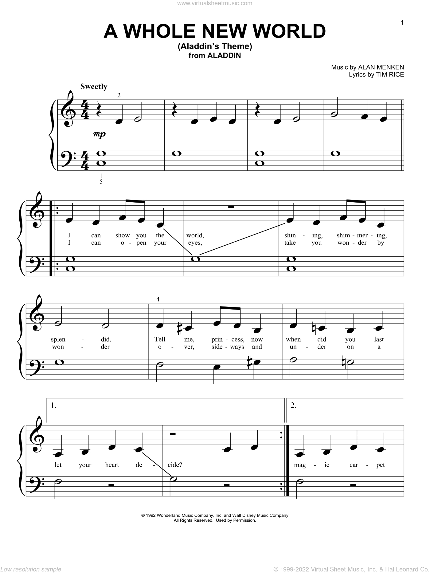 A Whole New World (From Aladdin) Sheet Music For Piano Solo (Big - Free Printable Sheet Music For Piano Disney
