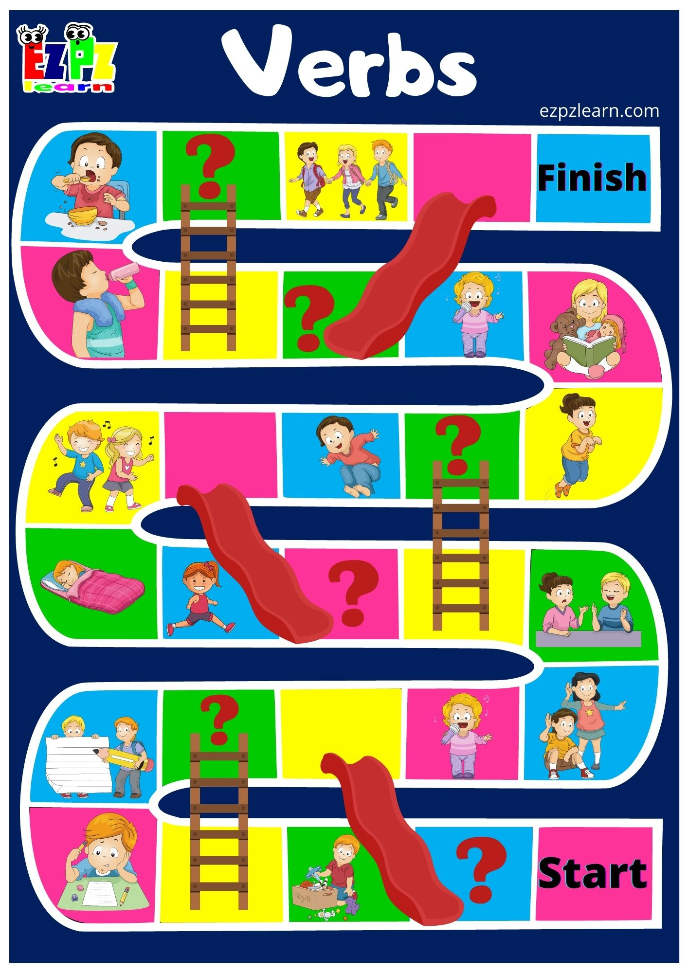 Action Verbs Slides And Ladders Game - Ezpzlearn - Free Printable Verb Games