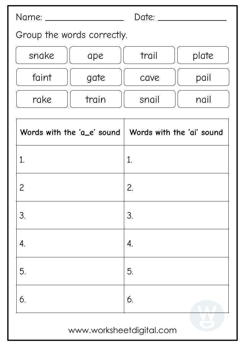 Ai And A_E Words - Worksheet Digital - Free Printable Ai Phonics Worksheets