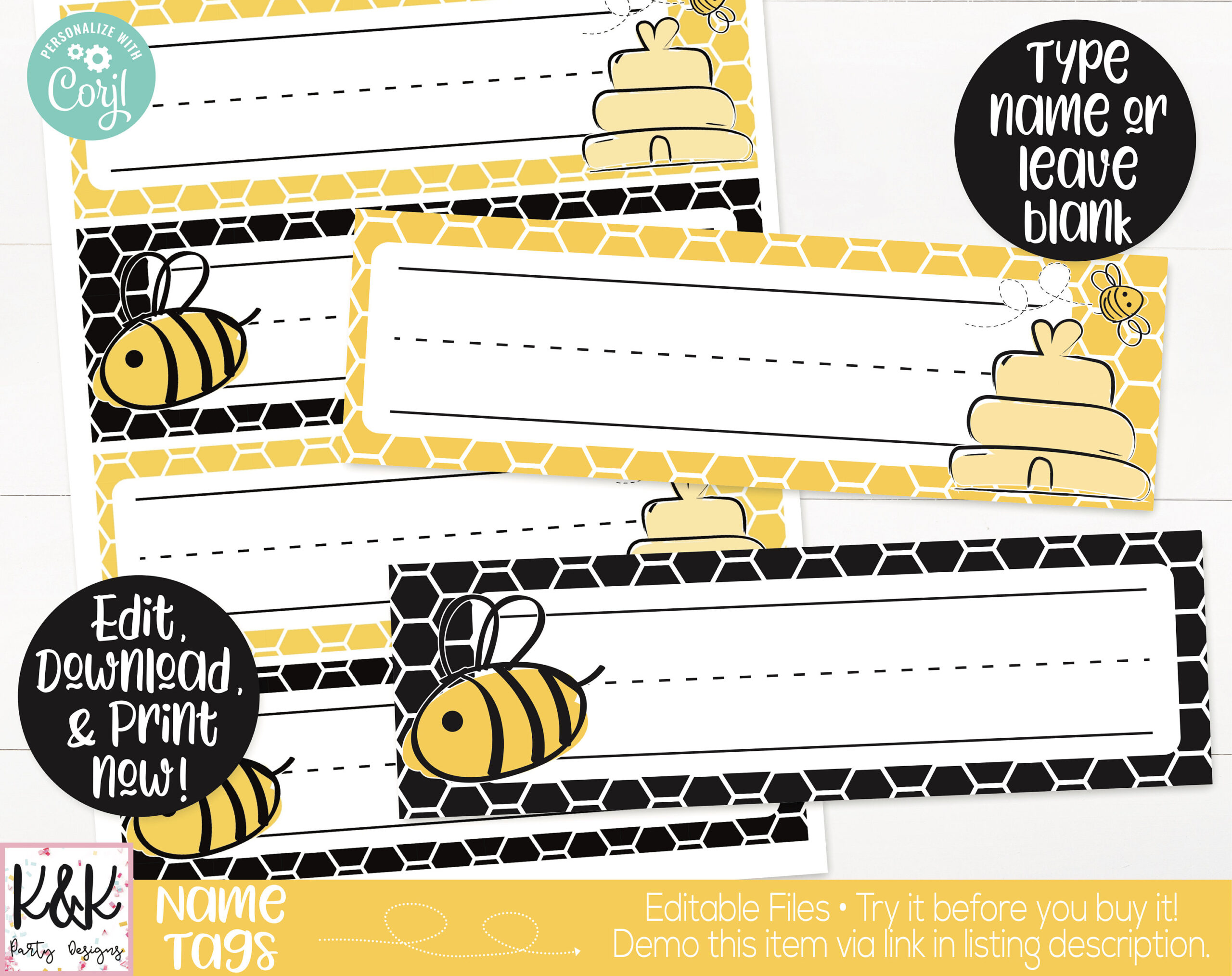Bee Classroom Name Tags Printable, Bee Theme, Teacher Supply - Free Printable Bee Name Tags