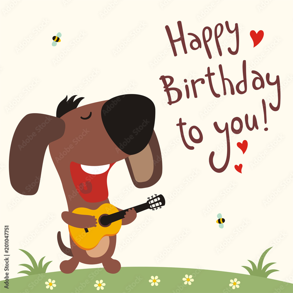 Birthday Card With Cartoon Puppy Dog. Funny Puppy Dog With Guitar - Free Printable Birthday Cards Guitar