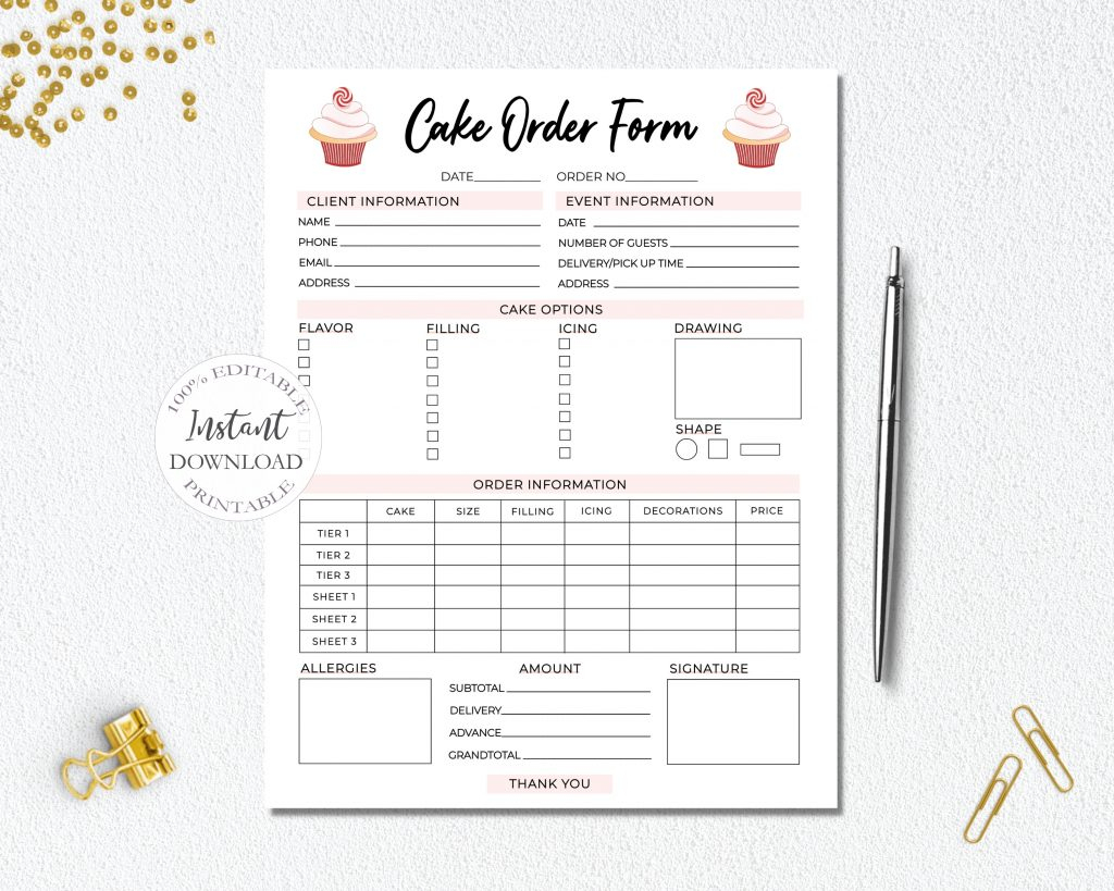 Cake Order Form Editable, Bakery Order Forms Printable, Small Business Templates, Instant Download. - Free Printable Bakery Order Forms