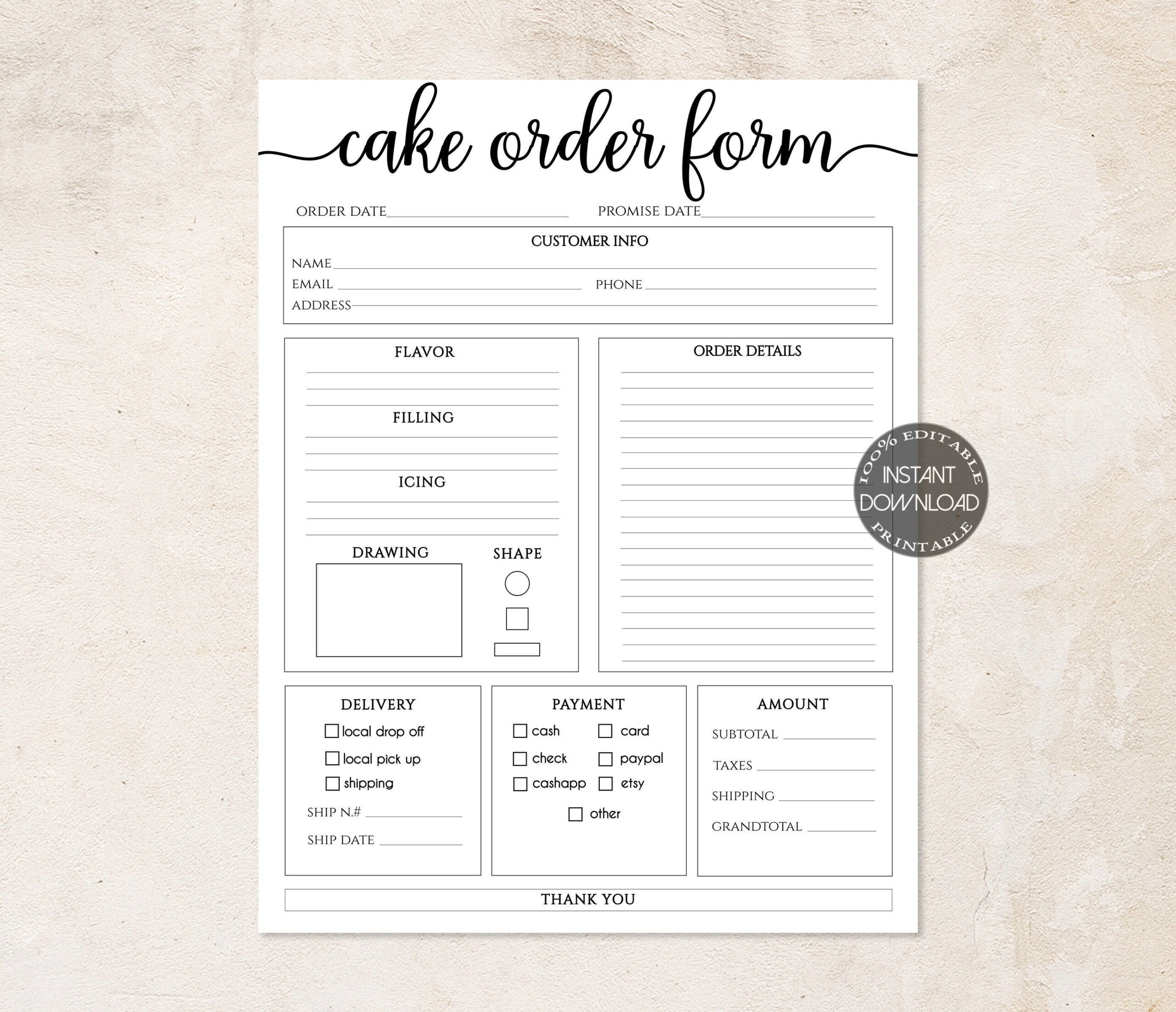Cake Order Form, Editable Canva Template, Order Forms Template - Free Printable Bakery Order Forms