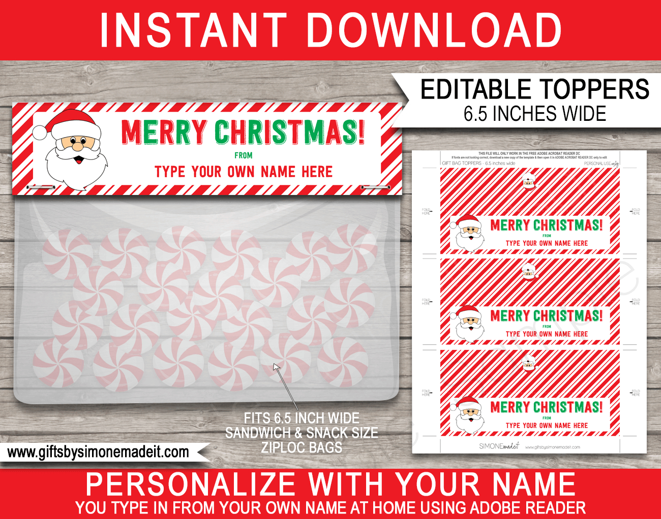 Christmas Bag Toppers (Santa) - 6.5 Inch Wide - Red &amp;amp; Green - Free Printable Christmas Treat Bag Labels