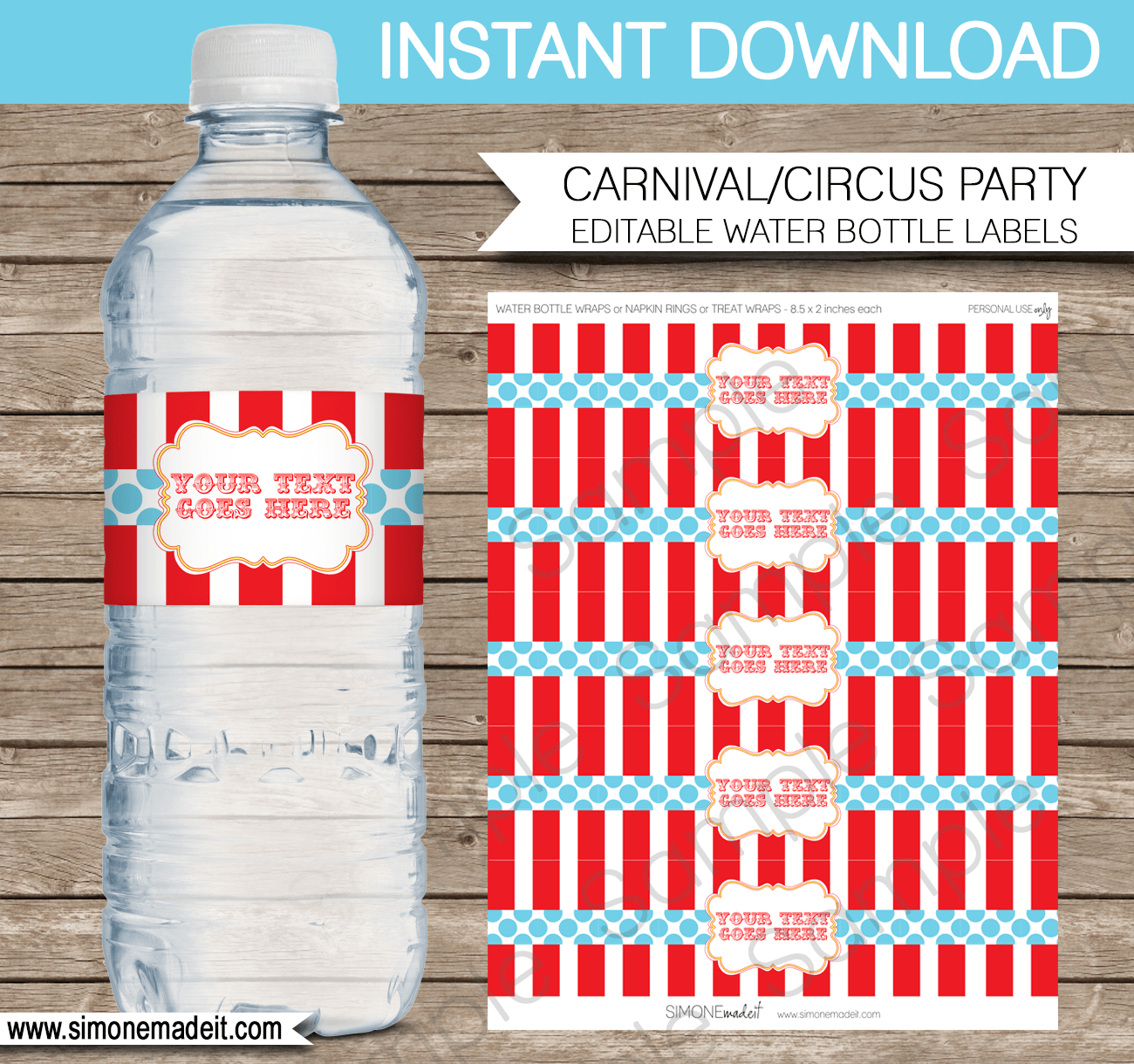 Circus Party Water Bottle Labels Template - Red/Aqua - Free Diy Printable Water Bottle Labels