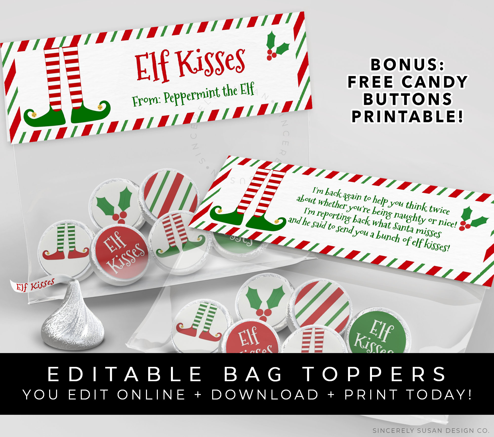 Customizable Elf Kisses Bag Topper Printable, Personalized Elf - Free Printable Elf Kisses Tags