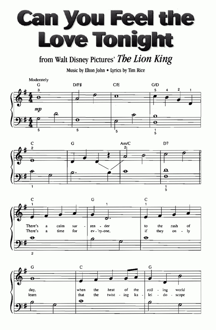 Disney Can You Feel The Love Tonight Easy Piano Sheet Music | Easy - Free Printable Sheet Music For Piano Disney
