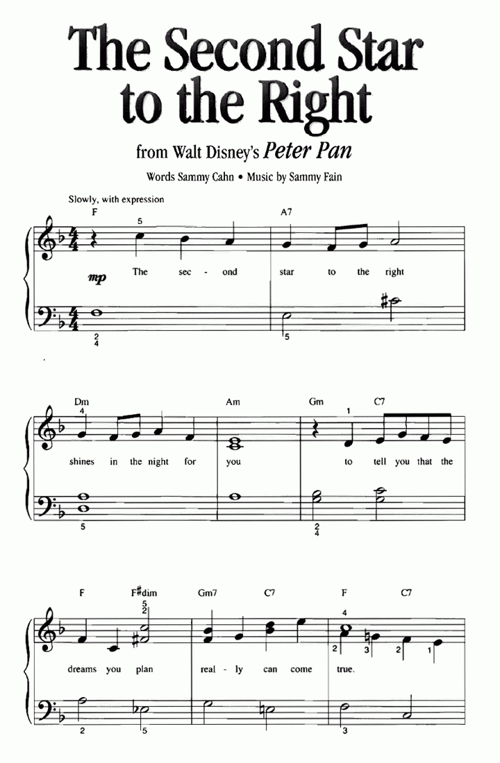 Disney The Second Star To The Righit Easy Piano Sheet Music | Easy - Free Printable Sheet Music For Piano Disney