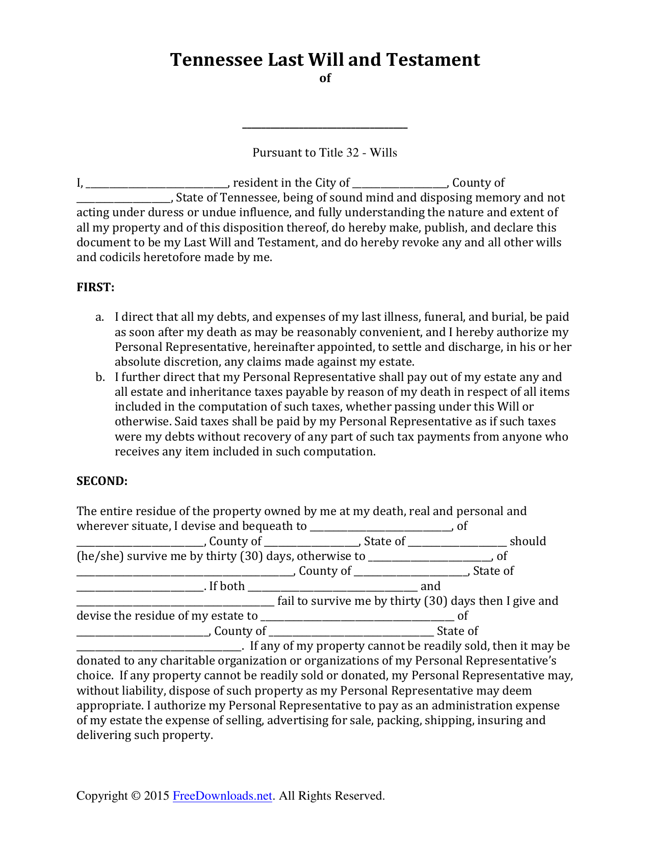 Download Tennessee Last Will And Testament Form | Pdf | Rtf | Word - Free Printable Living Will Tennessee