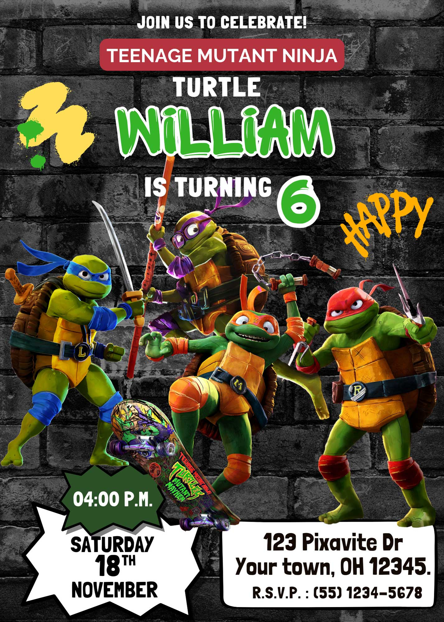 Editable Teenage Mutant Ninja Turtles Mutant Mayhem Birthday Invitation Template | Fantastic Invite - Free Printable Teenage Mutant Ninja Turtles Birthday Invitations