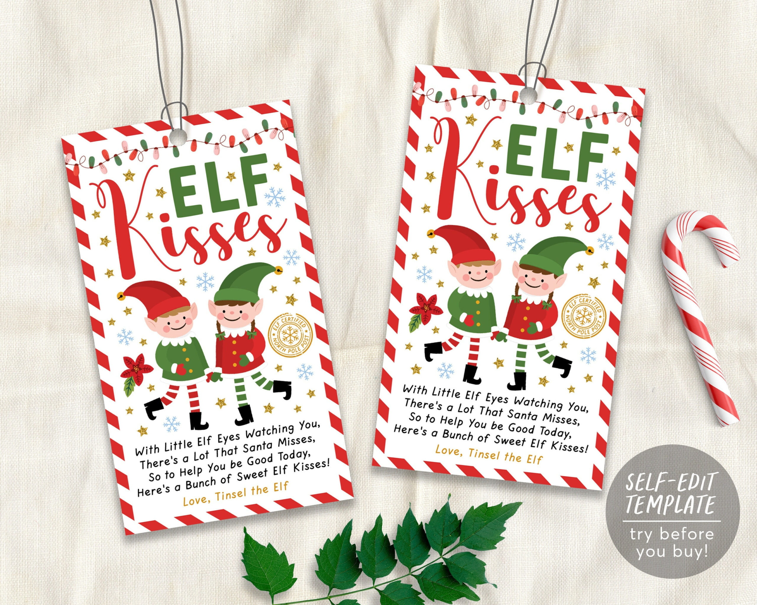 Elf Kisses Tags Editable Template, Christmas Elf Kisses Labels - Free Printable Elf Kisses Tags