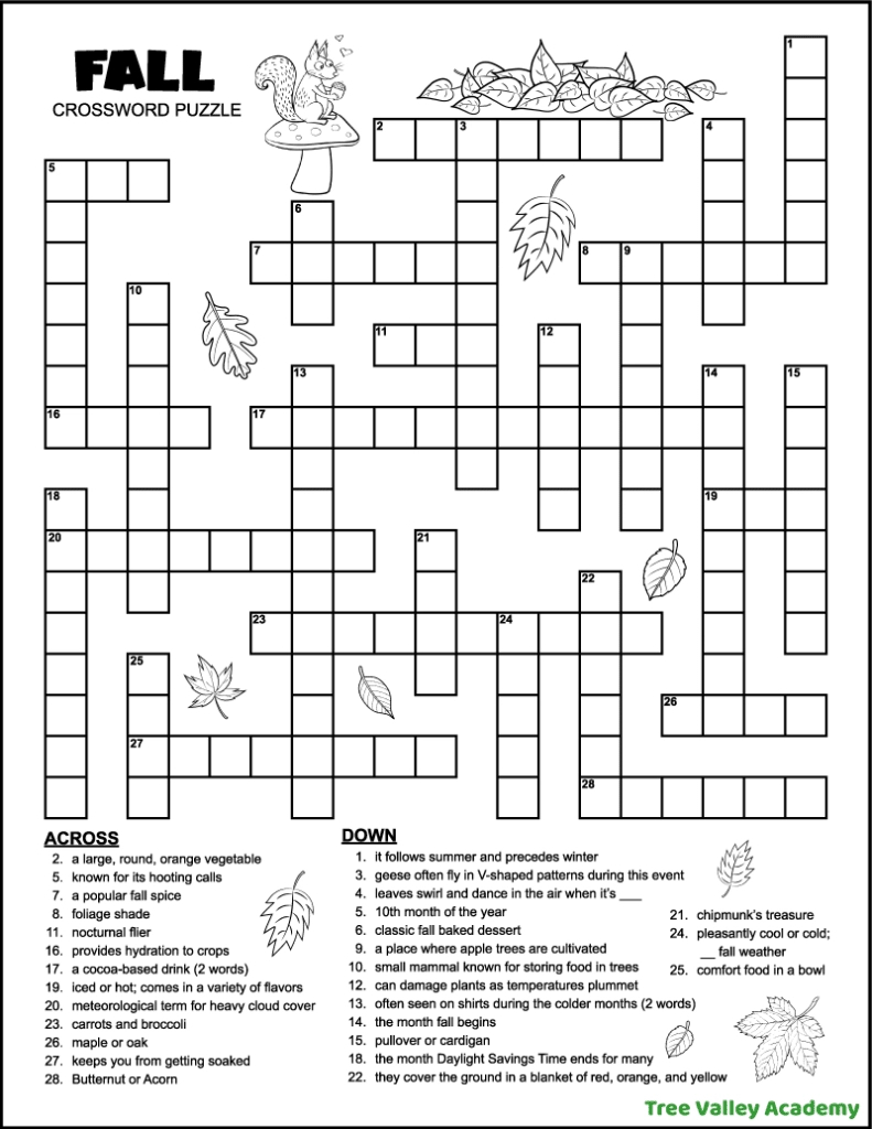 Fall Crossword Puzzle For Middle School - Tree Valley Academy - Difficult Crossword Puzzles Printable Free