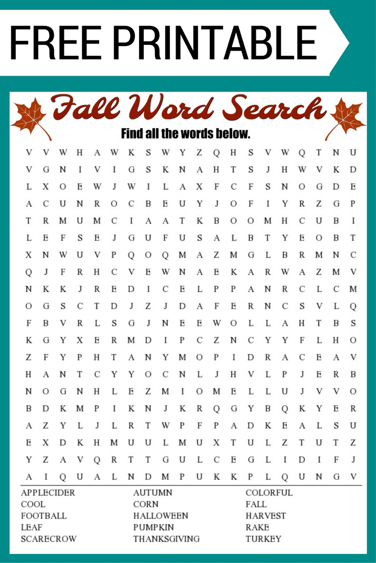 Fall Word Search Free Printable Worksheet - Free Printable Word Search Puzzles For Middle School Students
