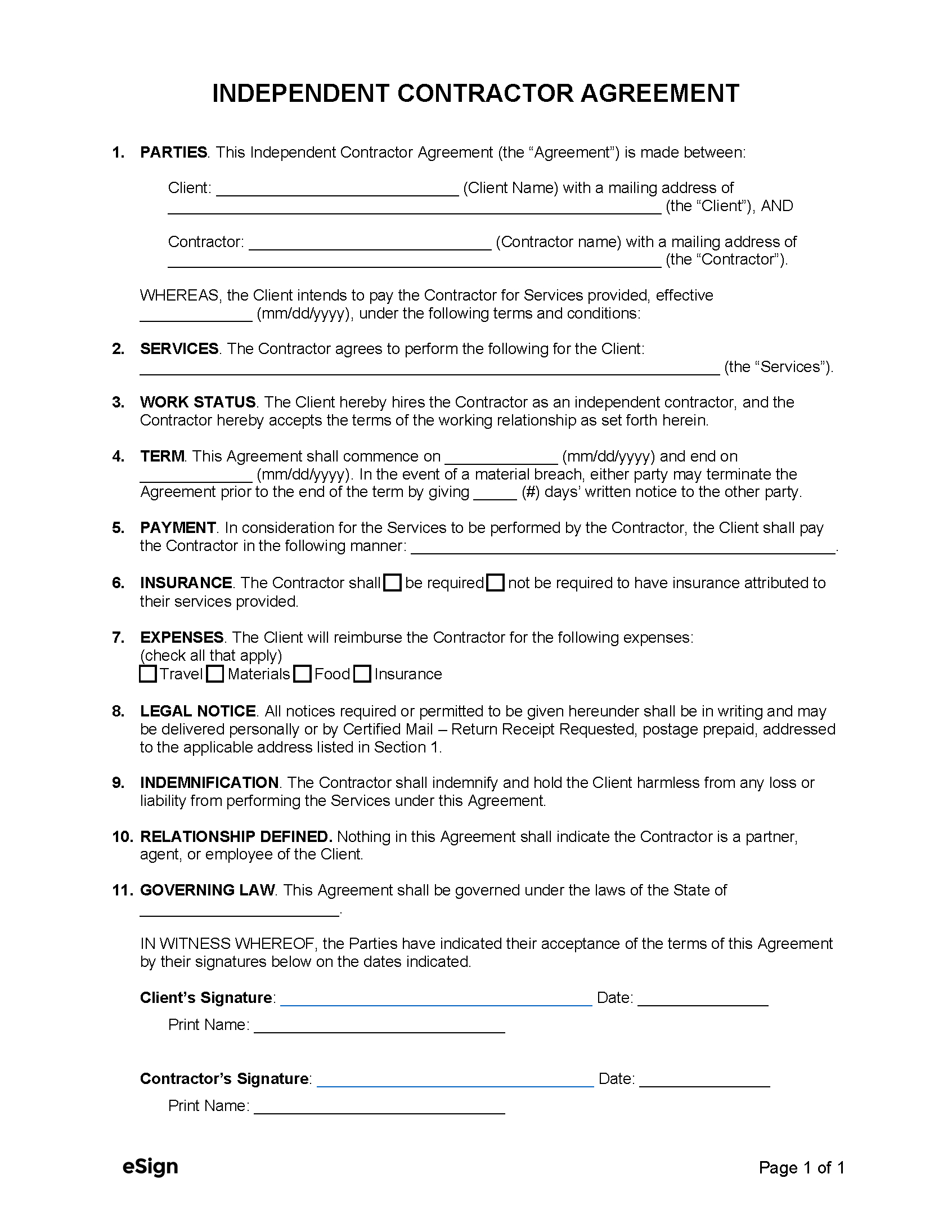 Free 1-Page (Simple) Independent Contractor Agreement Template - Free Printable Contracts For Contractors