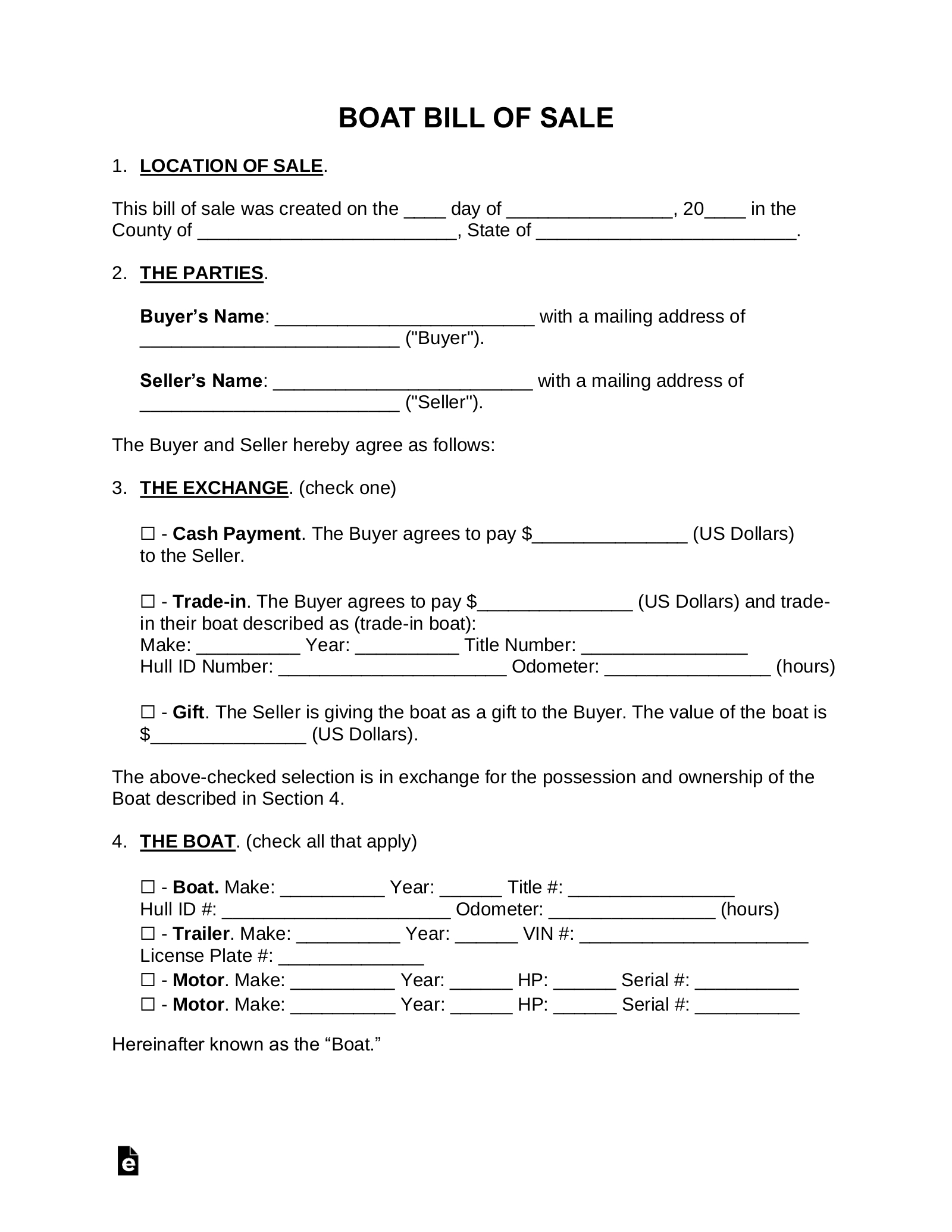 Free Boat Bill Of Sale Form - Pdf | Word – Eforms - Free Printable Bill Of Sale For Boat Trailer