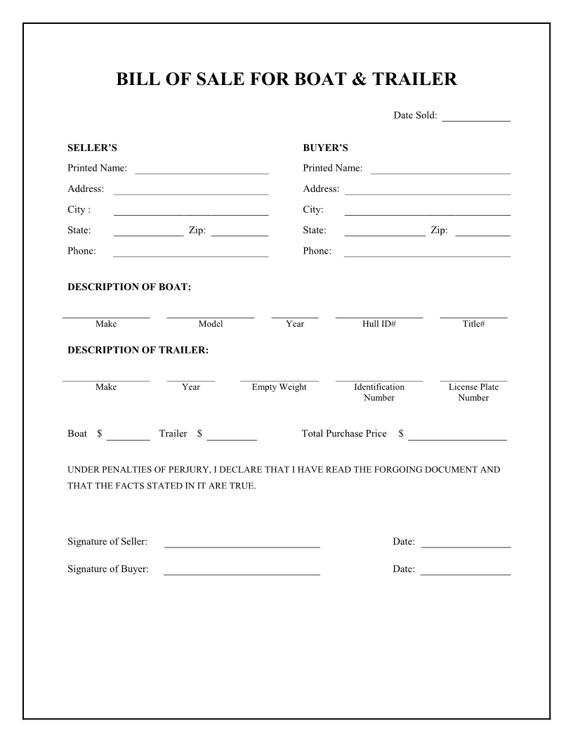 Free Boat &amp;amp; Trailer Bill Of Sale Form - Download Pdf | Word | Bill - Free Printable Bill Of Sale For Boat Trailer