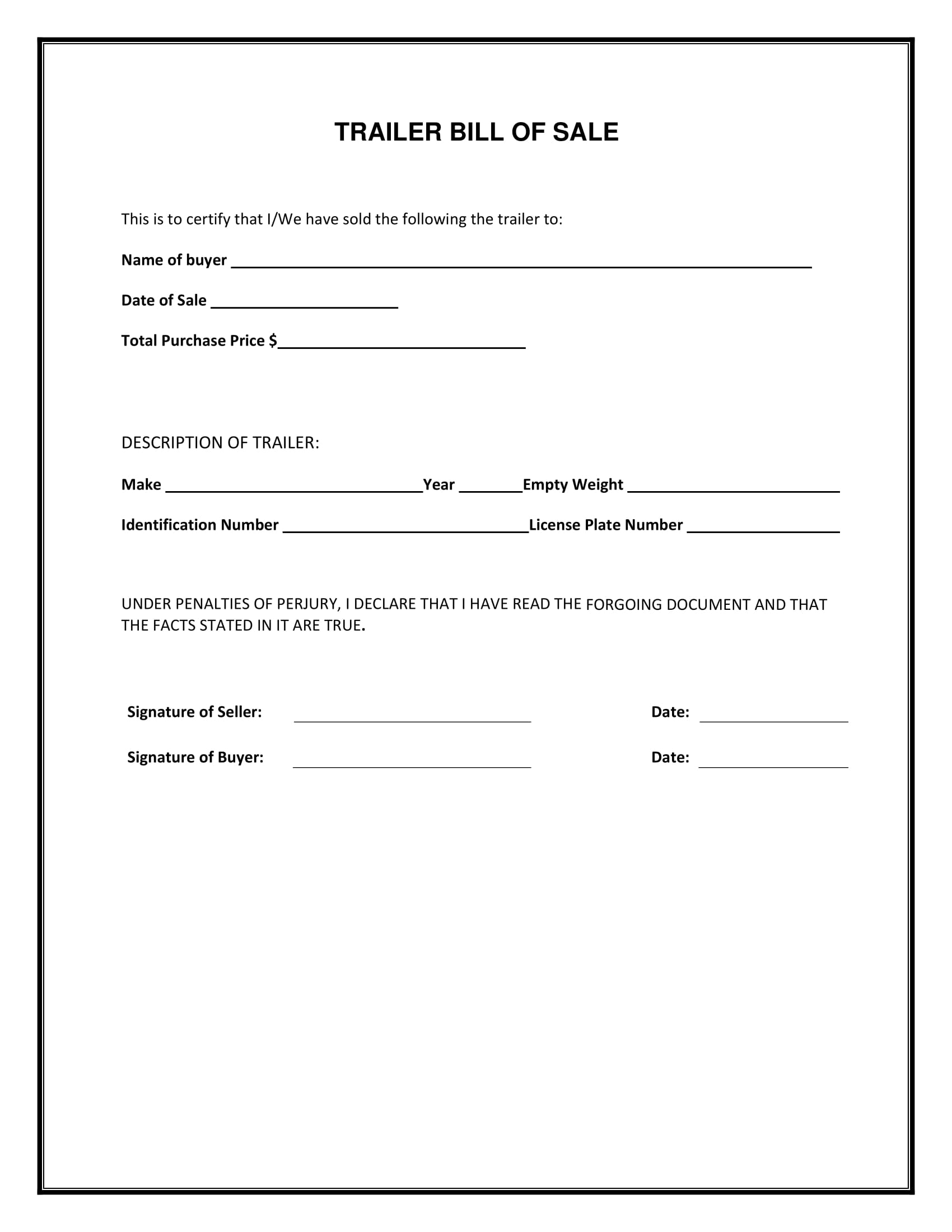 Free Florida Trailer Bill Of Sale Template | Fillable Forms - Free Printable Bill Of Sale For Boat Trailer