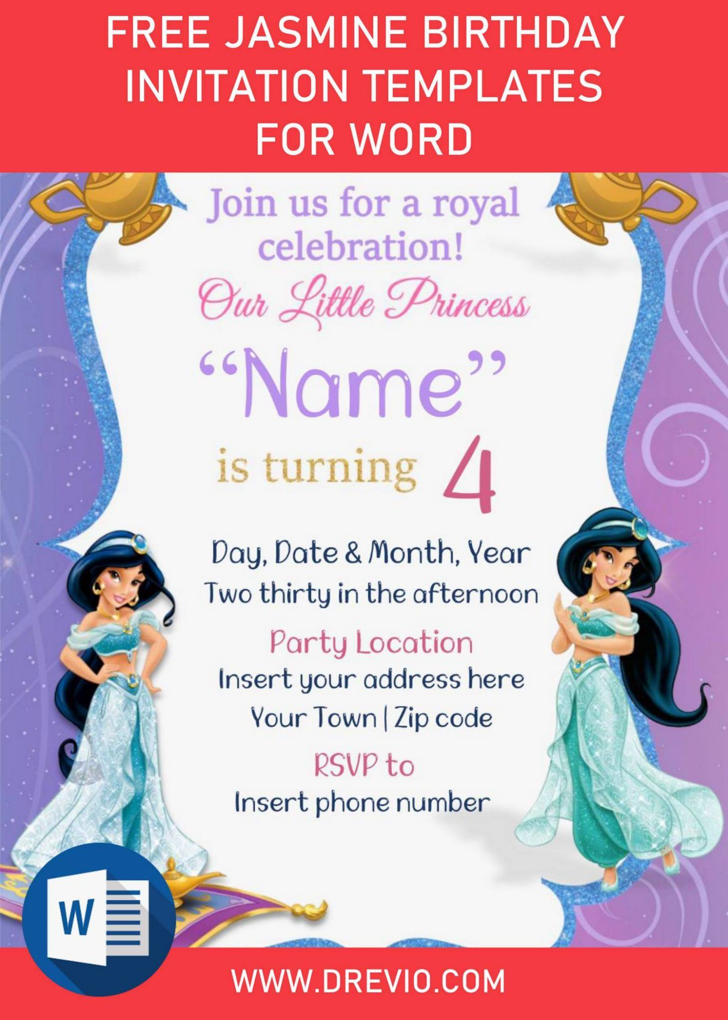 Free Jasmine Birthday Invitation Templates For Word | Jasmine - Free Printable Princess Jasmine Invitations