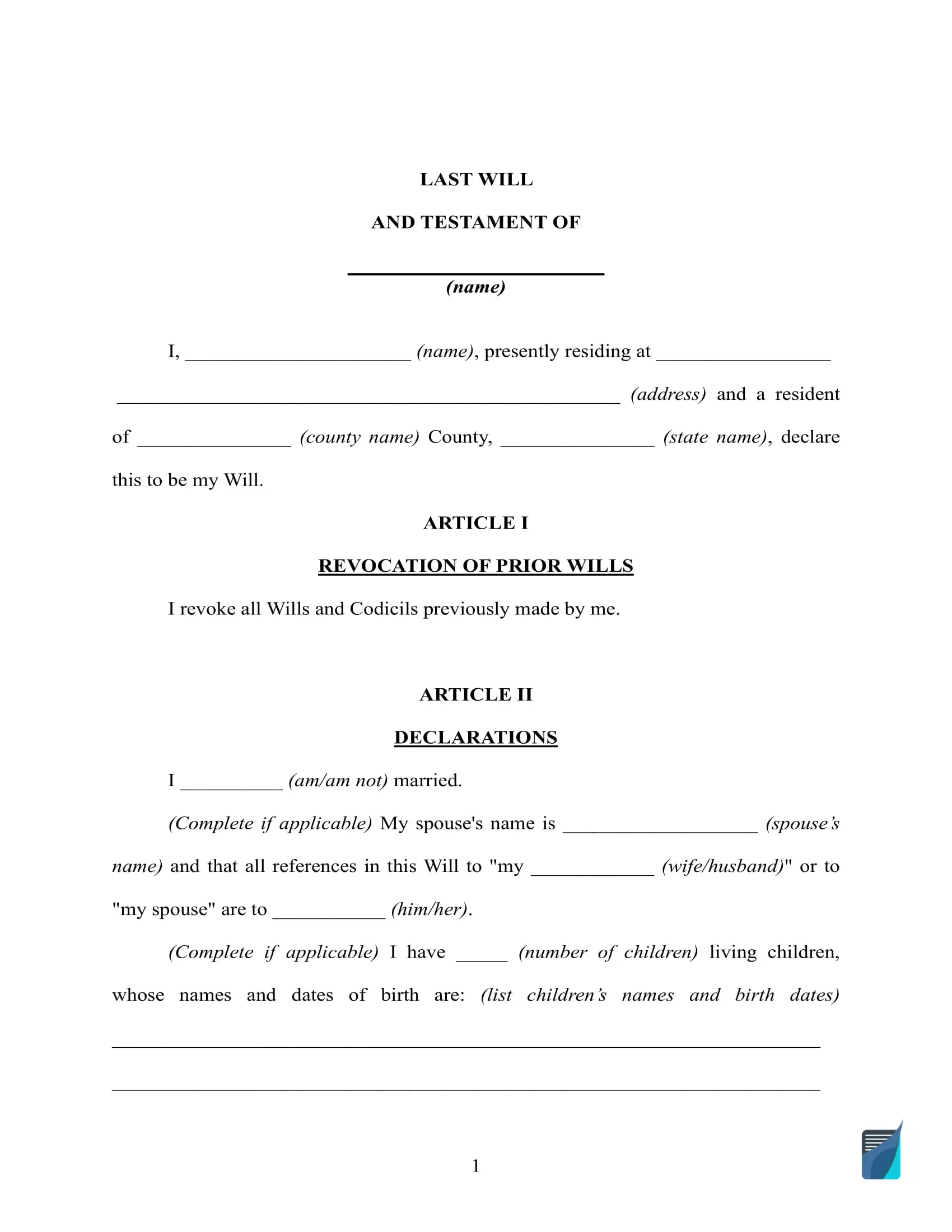Free Last Will And Testament Template ⇒ Will Forms In Pdf And Doc - Free Forms For Wills
