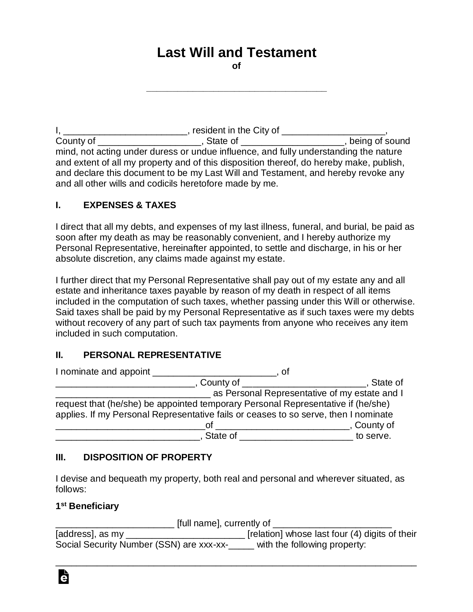 Free Last Will And Testament (Will) - Pdf | Word – Eforms - Free Printable Will Forms Uk