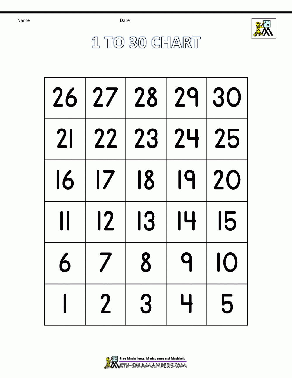 Free Number Chart 1-30 - Free Printable Numbers 1-25