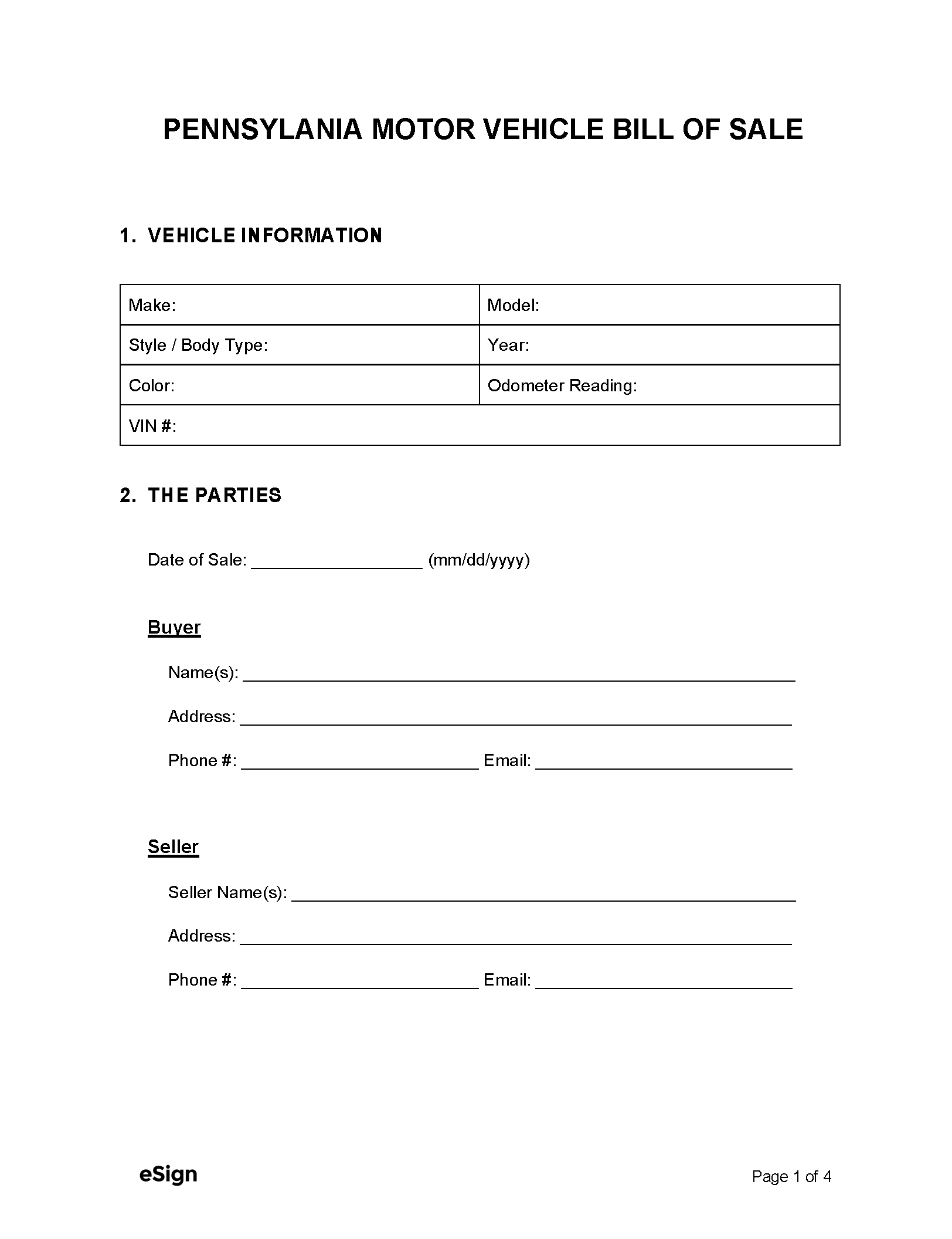 Free Pennsylvania Bill Of Sale Forms | Pdf | Word - Free Printable Bill Of Sale For Boat Trailer