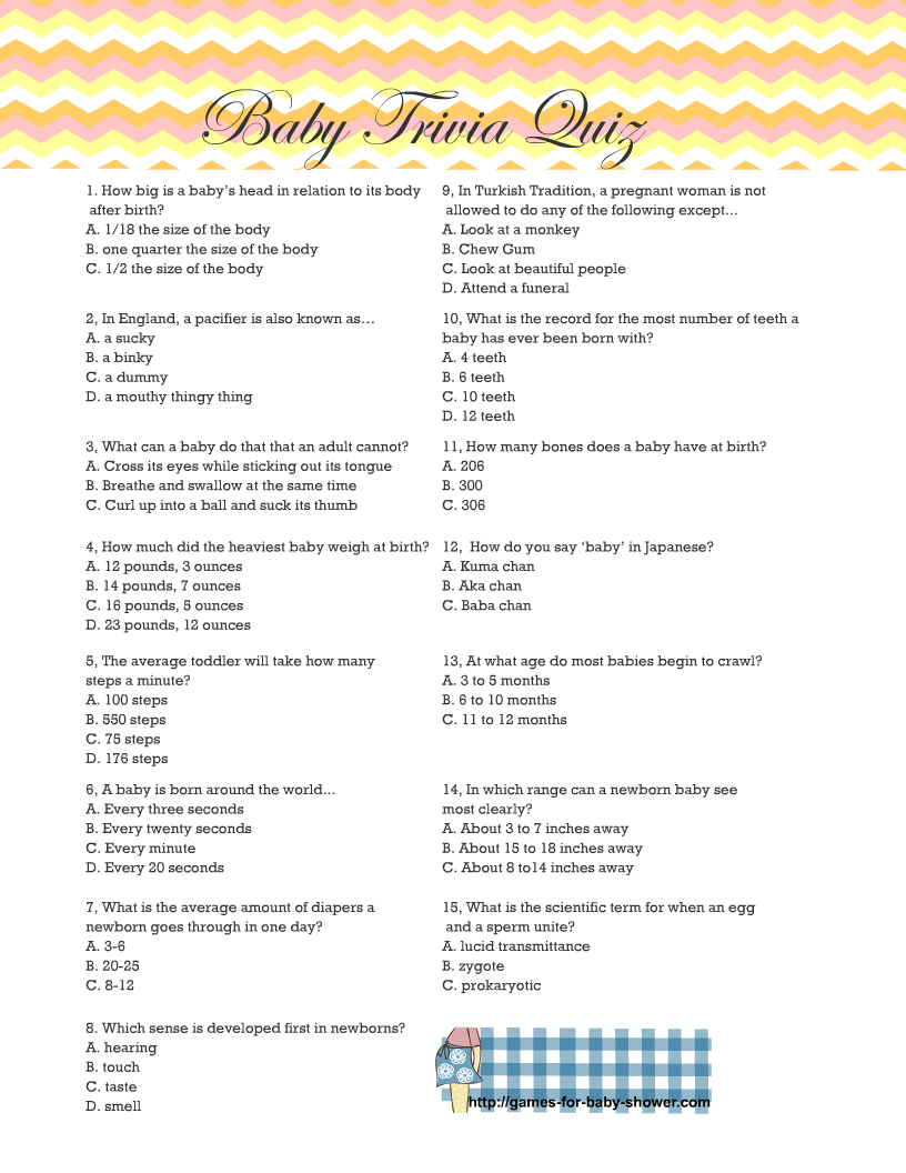 Free Printable Baby Shower Trivia Quiz With Answer Key - Free Printable Trivia Games