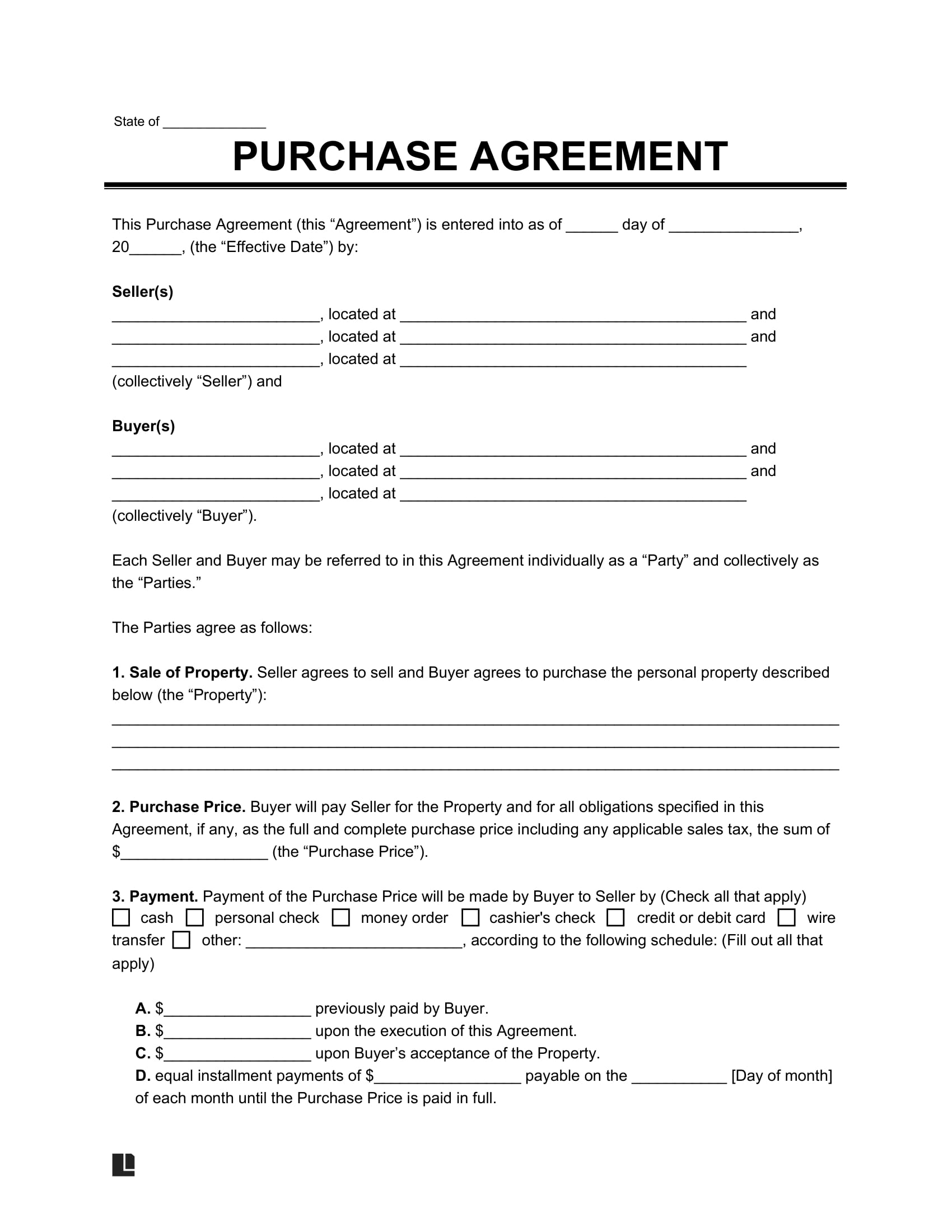 Free Purchase Agreement Template | Pdf &amp;amp; Word - Free Printable Agreement Forms