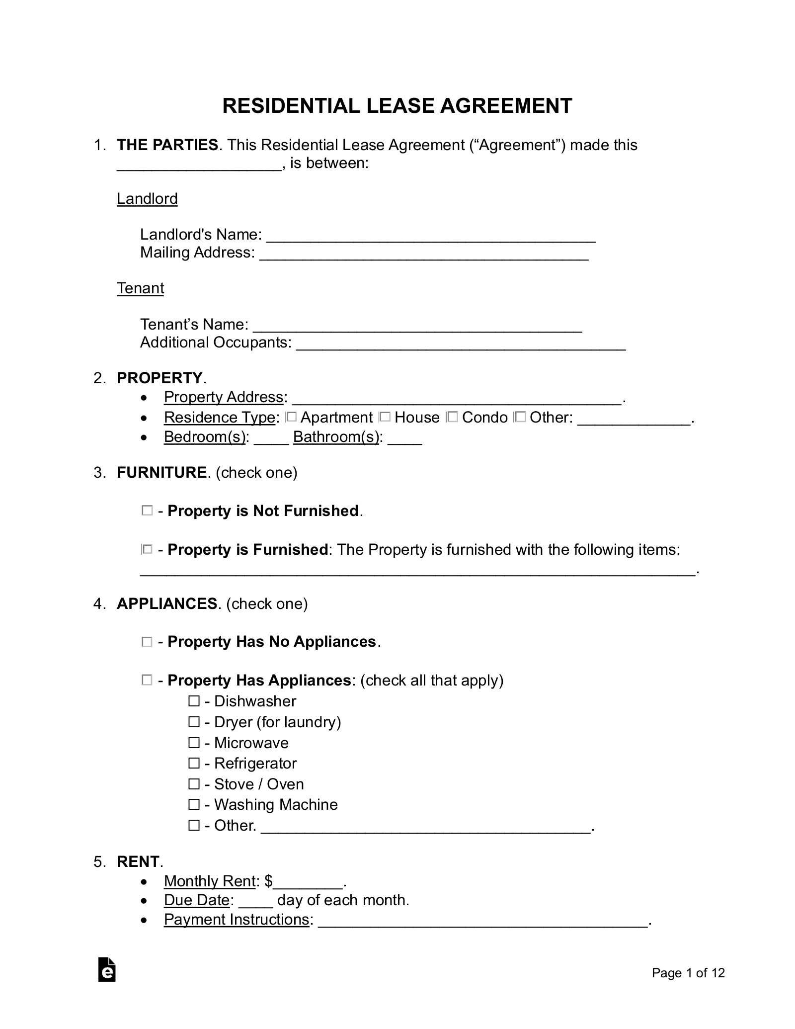 Free Rental / Lease Agreement Templates (15) - Pdf | Word – Eforms - Free Lease Agreement Online Printable
