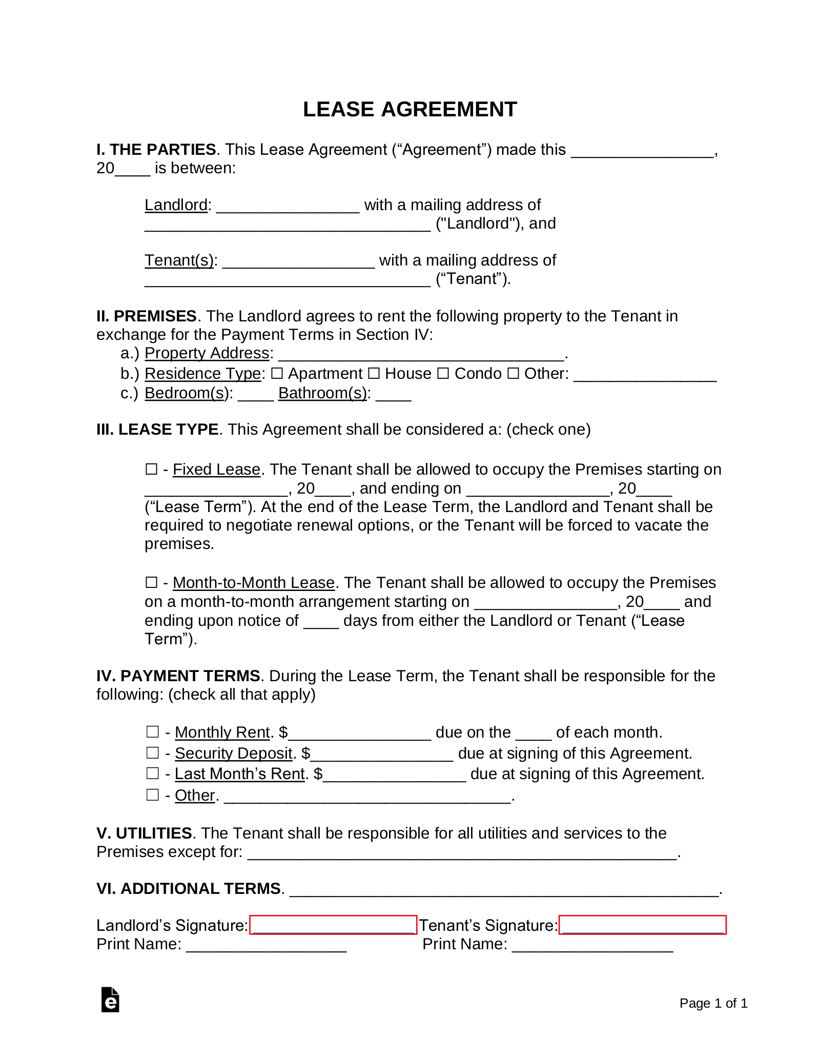 Free Simple 1-Page Lease Agreement Template | Sample - Pdf | Word - Free Lease Agreement Online Printable