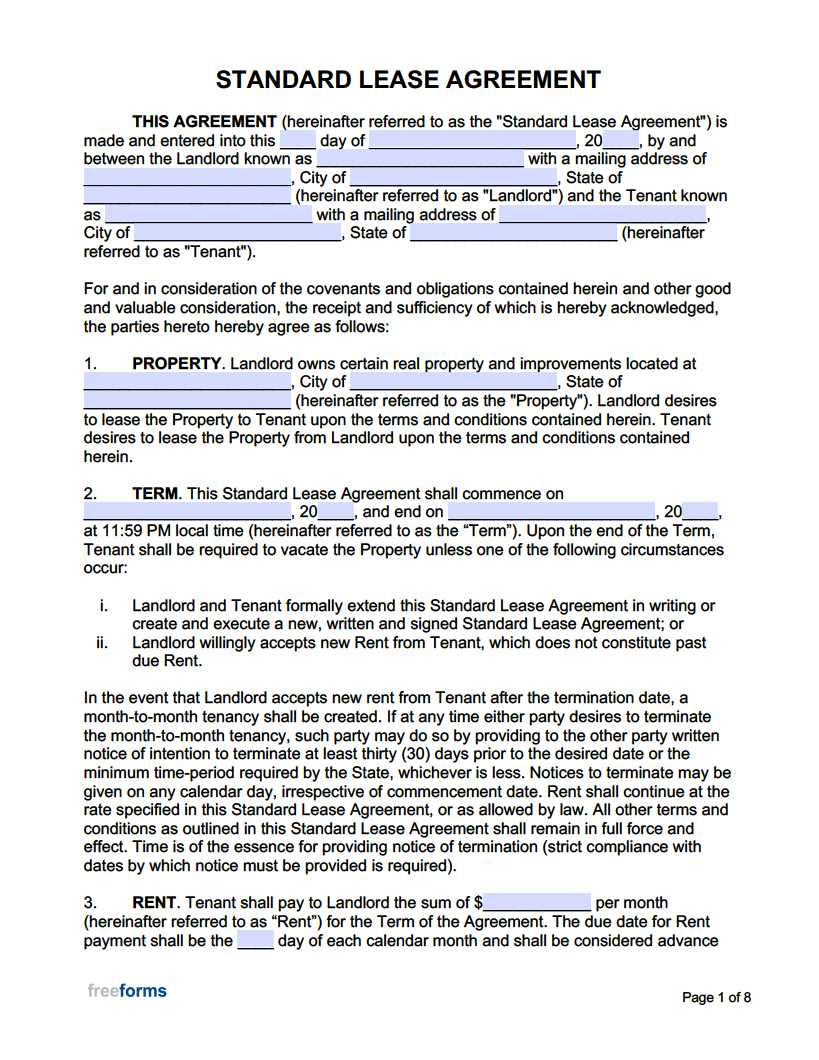 Free Standard Residential Lease Agreement Template | Pdf | Word - Free Lease Agreement Online Printable