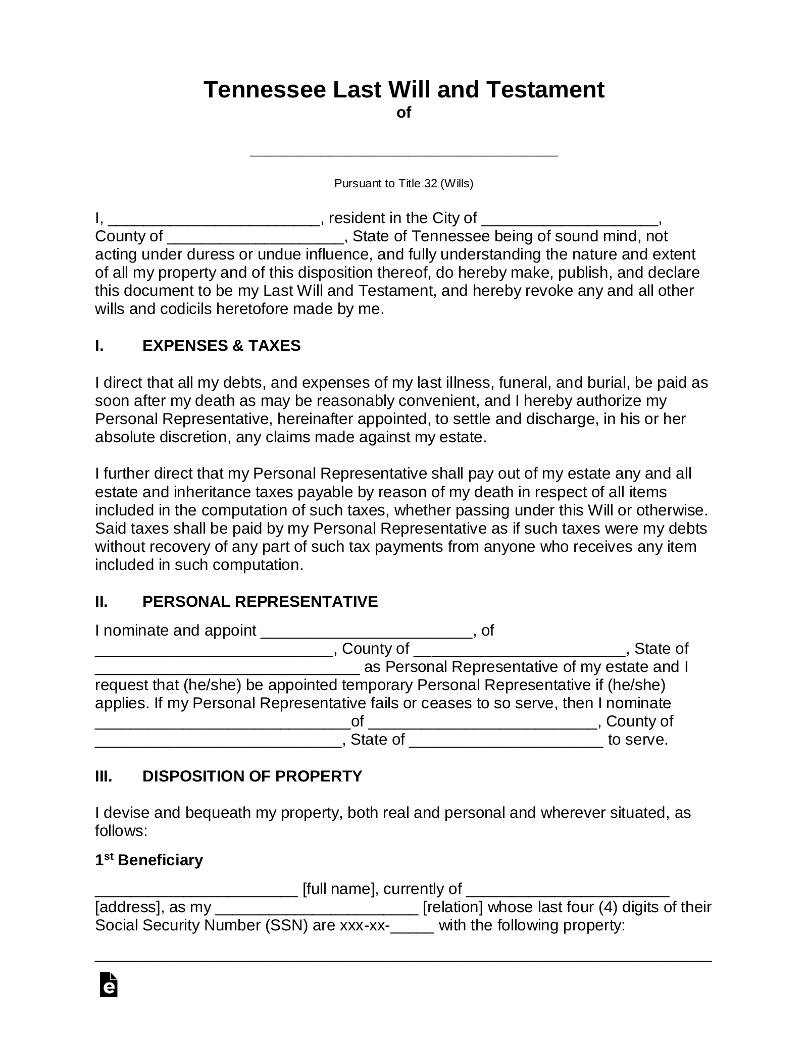 Free Tennessee Last Will And Testament Template - Pdf | Word – Eforms - Free Printable Living Will Tennessee